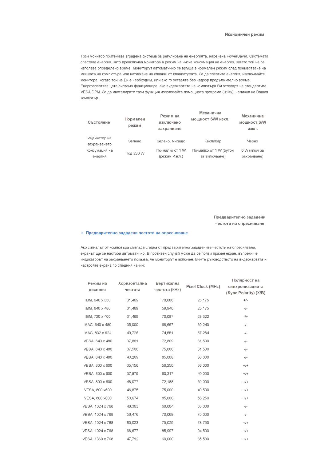 Samsung LS40BHPNS/EDC, LS40BHTNS/EDC, LS40BHYNS/EDC manual Икономичен режим, Предварително зададени честоти на опресняване 