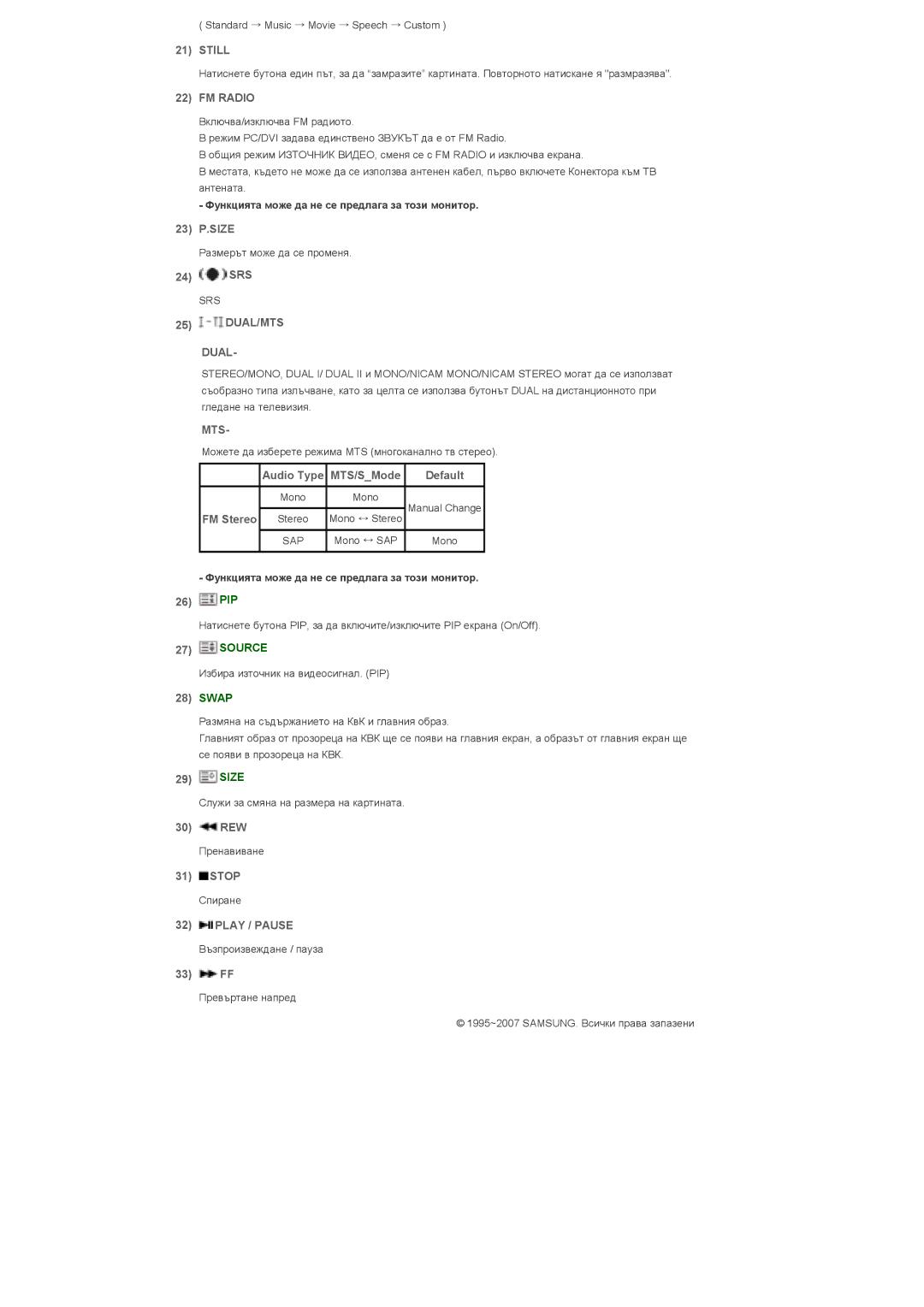 Samsung LS40BHTNS/EDC, LS40BHPNS/EDC, LS40BHYNS/EDC, LS46BHYNS/EDC manual 23 P.SIZE, FM Stereo Stereo 