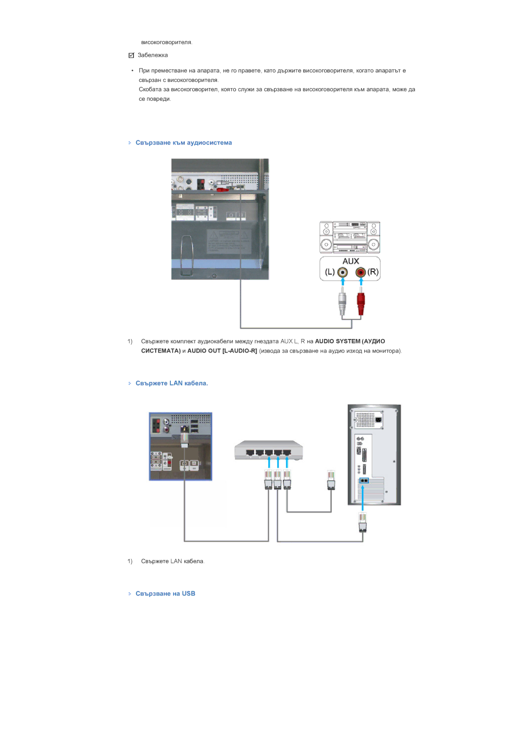 Samsung LS46BHYNS/EDC, LS40BHPNS/EDC, LS40BHTNS/EDC manual Ɋɜɴɪɡɜɚɧɟ ɤɴɦ ɚɭɞɢɨɫɢɫɬɟɦɚ, Ɋɜɴɪɠɟɬɟ LAN ɤɚɛɟɥɚ, Ɋɜɴɪɡɜɚɧɟ ɧɚ USB 