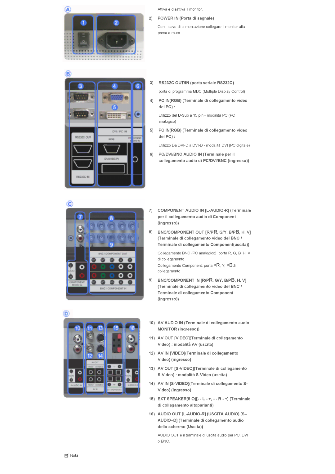 Samsung LS40BHYNS/EDC, LS40BHPNS/EDC, LS40BHVNS/EDC manual Power in Porta di segnale, RS232C OUT/IN porta seriale RS232C 