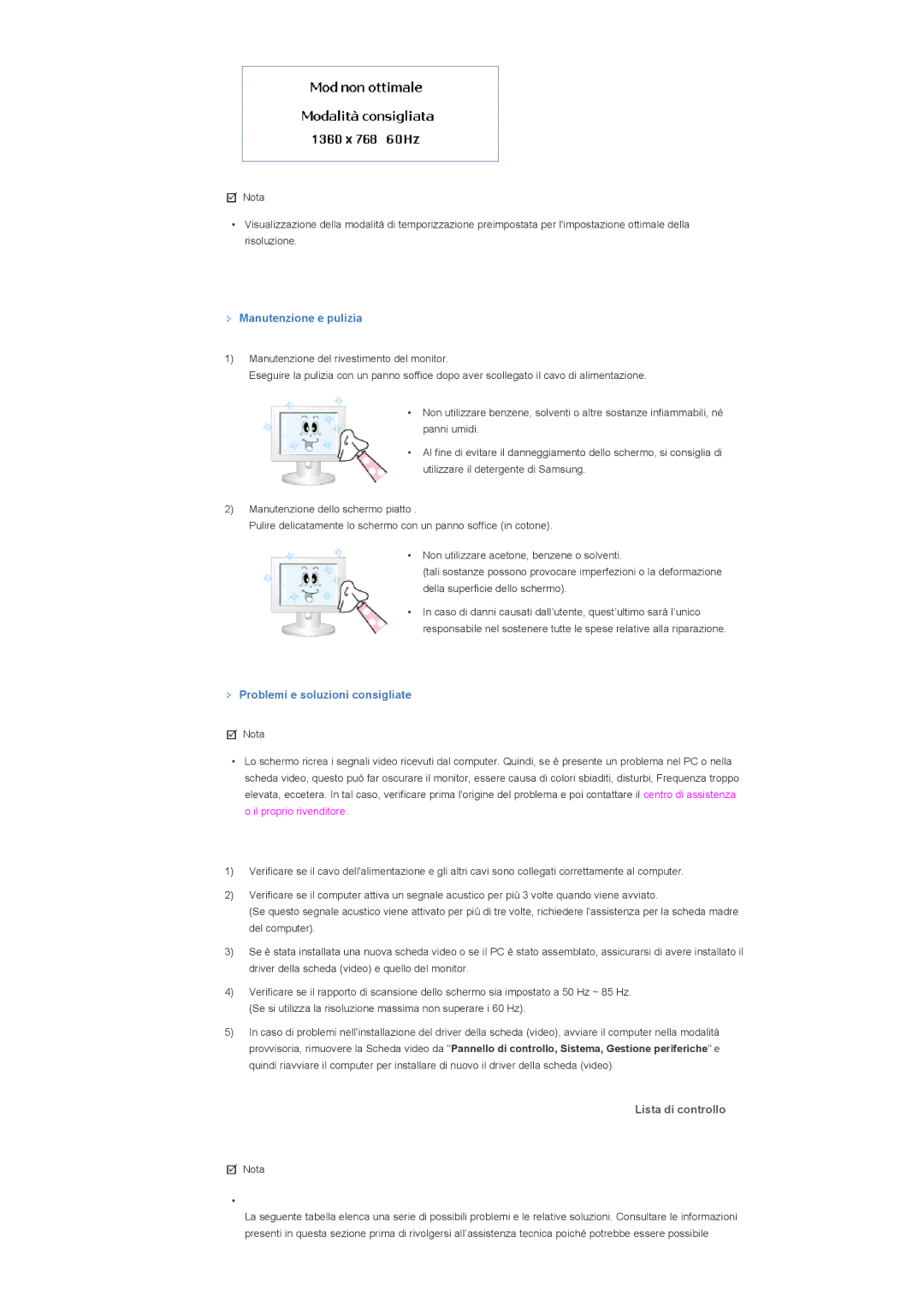 Samsung LS40BHRNS/EDC, LS40BHPNS/EDC manual Manutenzione e pulizia, Problemi e soluzioni consigliate, Lista di controllo 