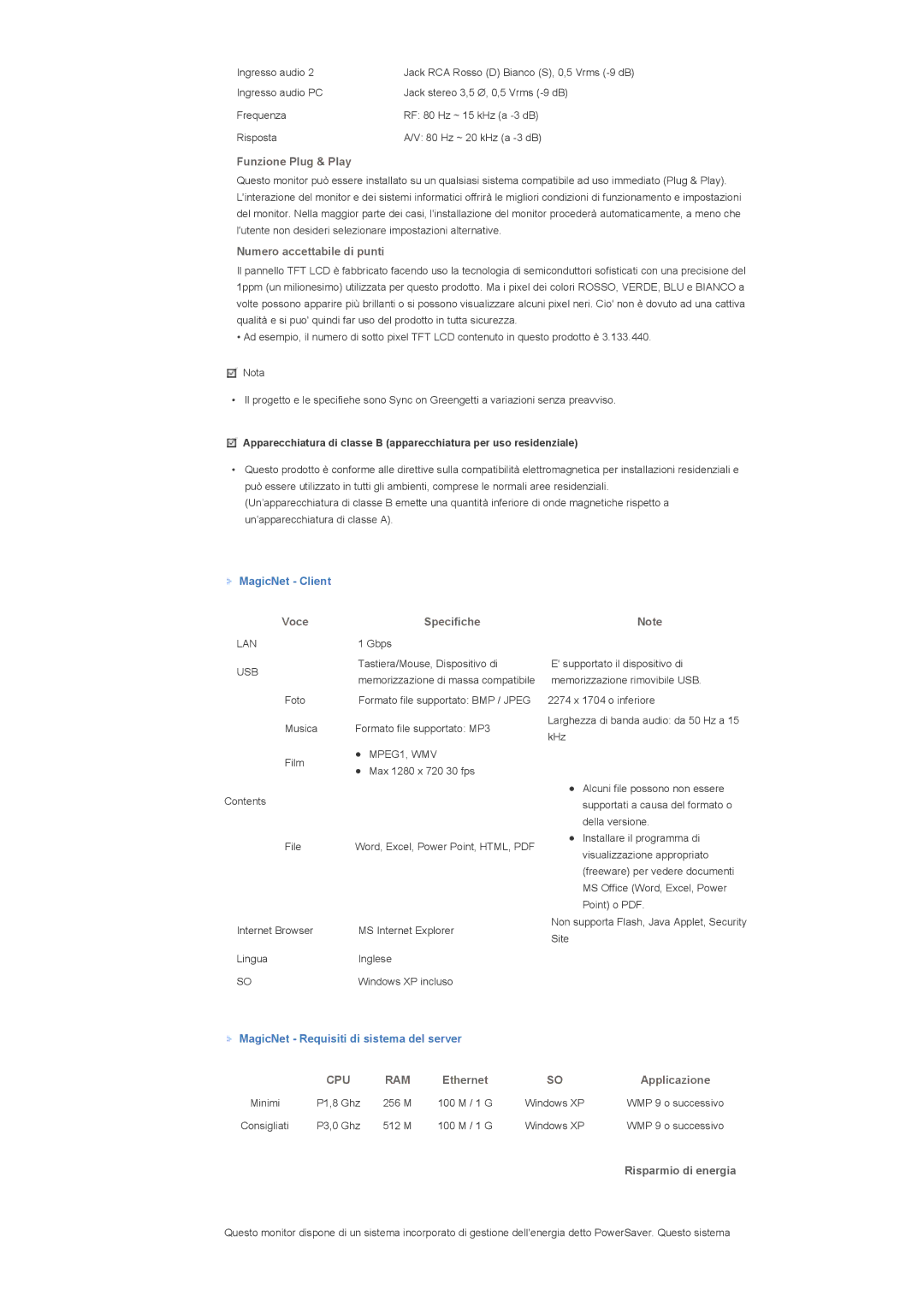 Samsung LS40BHZNS/EDC, LS40BHPNS/EDC manual MagicNet Client, MagicNet Requisiti di sistema del server, Risparmio di energia 