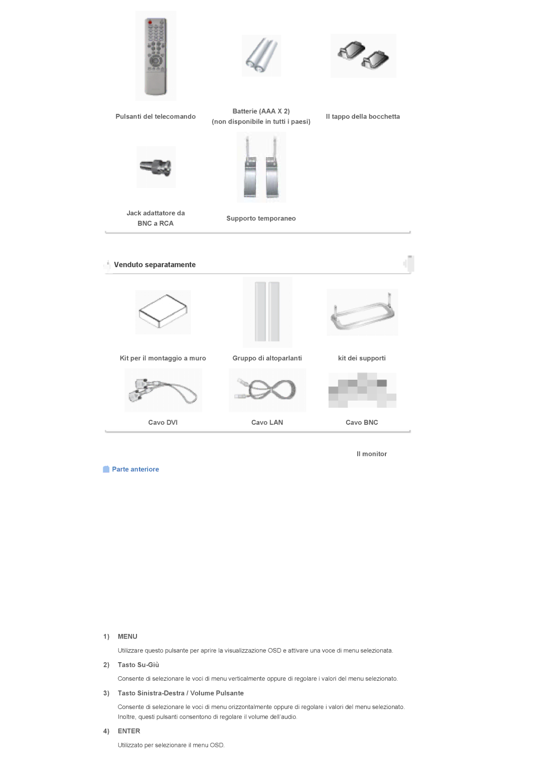 Samsung LS46BHZNS/EDC, LS40BHPNS/EDC manual Jack adattatore da BNC a RCA Supporto temporaneo, Cavo DVI Cavo LAN Cavo BNC 