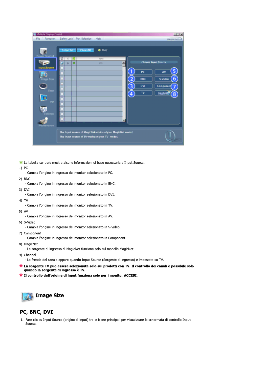 Samsung LS46BHYNS/EDC, LS40BHPNS/EDC, LS40BHVNS/EDC, LS46BHZNS/EDC, LS46BHTNS/EDC, LS40BHTNS/EDC manual Image Size, Pc, Bnc, Dvi 