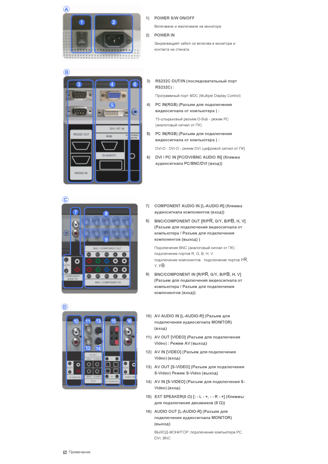 Samsung LS40BHYNS/EDC, LS40BHPNS/EDC, LS40BHVNS/EDC, LS46BHZNS/EDC Power S/W ON/OFF, RS232C OUT/IN последовательный порт 