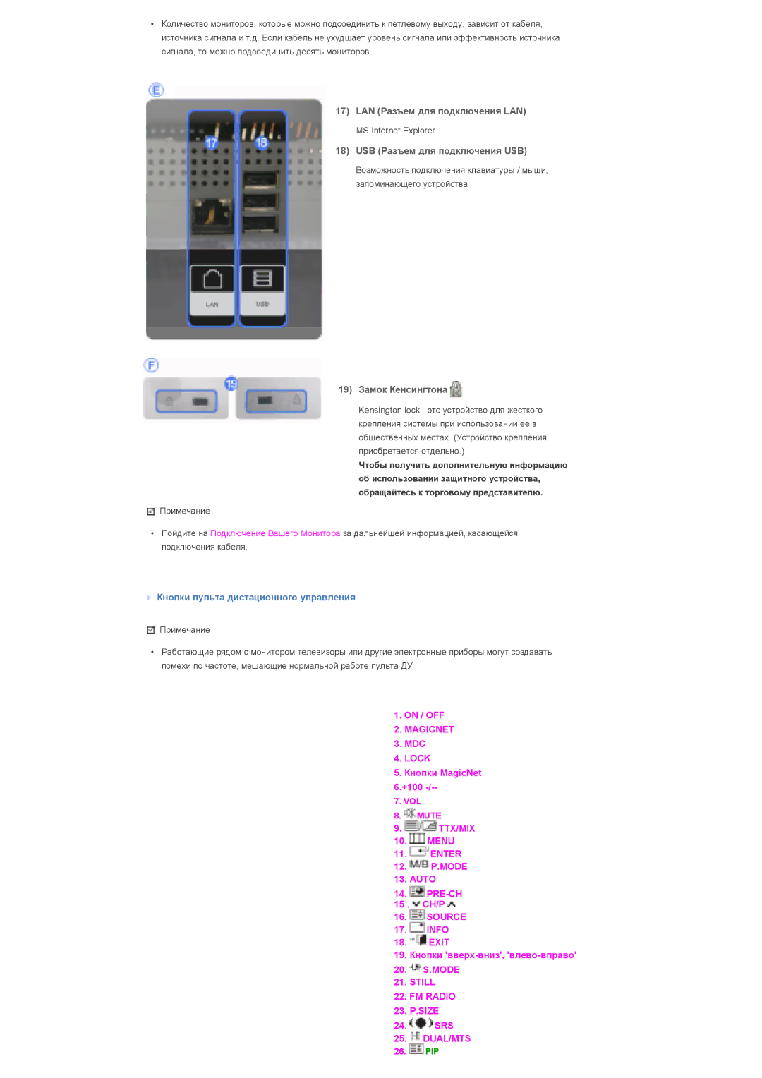 Samsung LS40BHRNS/EDC, LS40BHPNS/EDC LAN Разъем для подключения LAN, USB Разъем для подключения USB, 19 Замок Кенсингтона 