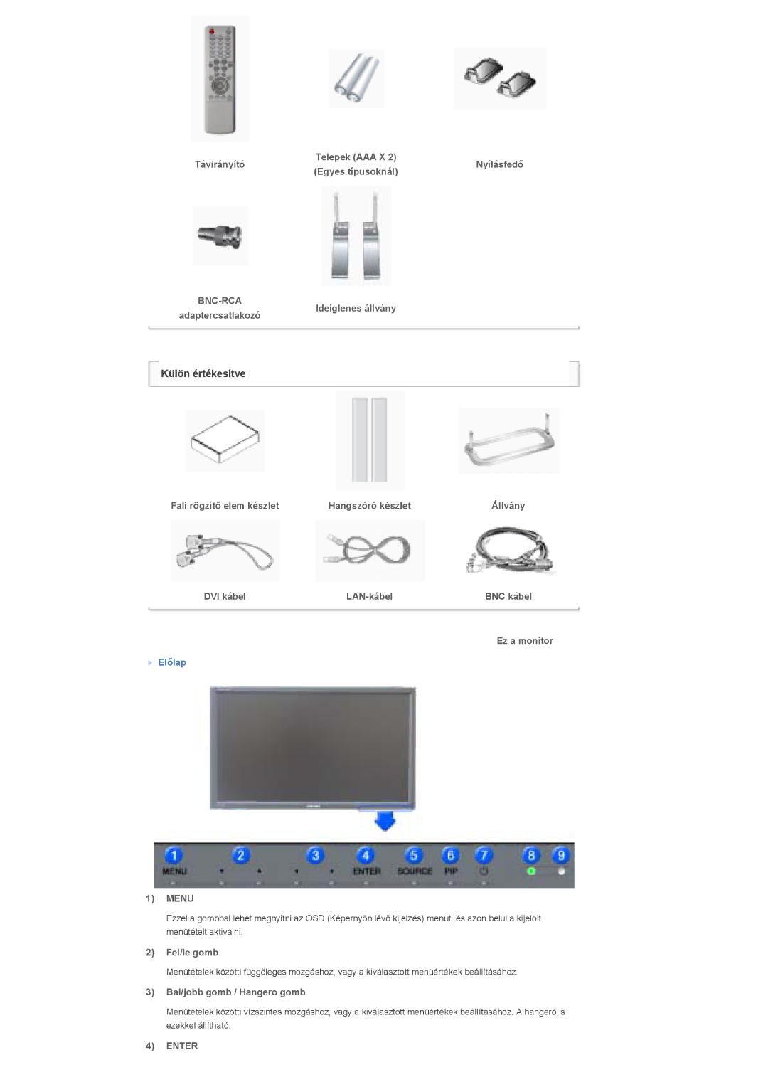 Samsung LS40BHYNS/EDC, LS40BHPNS/EDC, LS46BHZNS/EDC manual Távirányító Telepek AAA X, Ideiglenes állvány Adaptercsatlakozó 