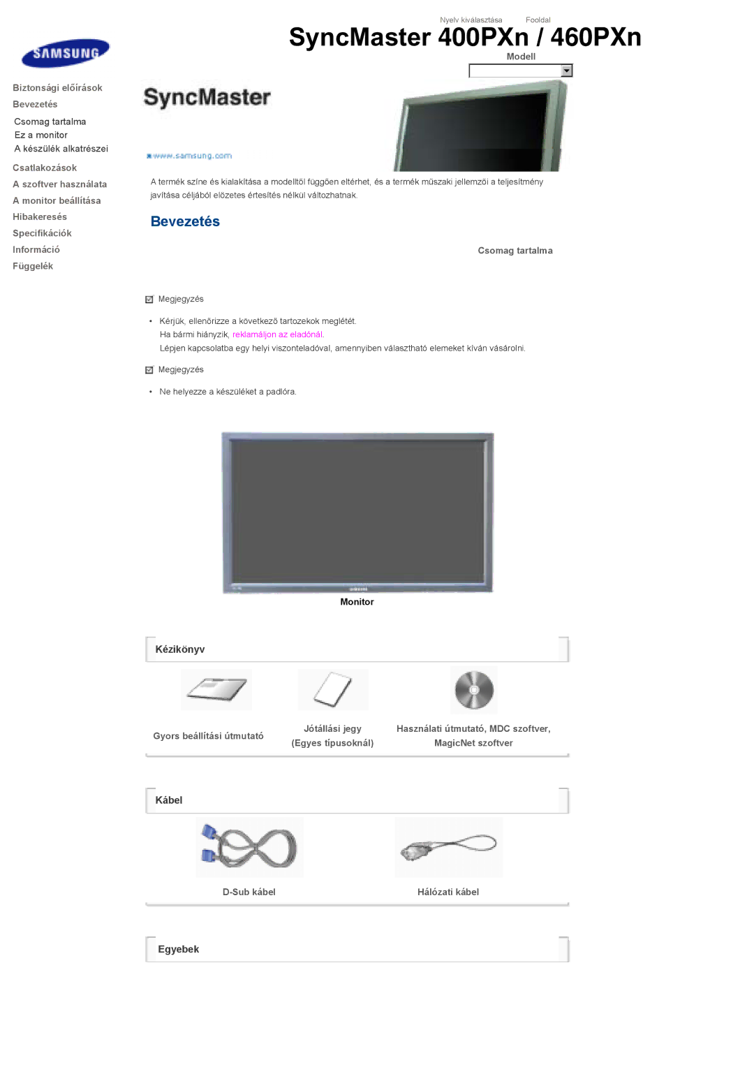 Samsung LS40BHTNS/EDC, LS40BHPNS/EDC, LS46BHZNS/EDC manual Modell, Csomag tartalma, Gyors beállítási útmutató, Sub kábel 