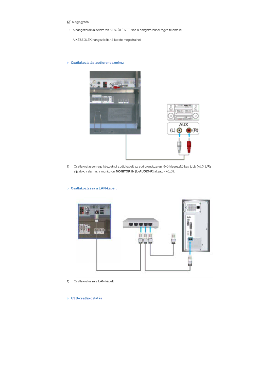 Samsung LS46BHZNS/EDC, LS40BHPNS/EDC manual Csatlakoztatás audiorendszerhez, Csatlakoztassa a LAN-kábelt, USB-csatlakoztatás 