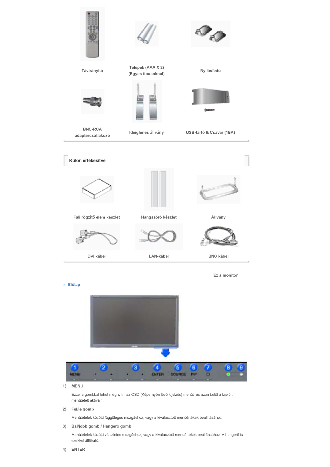 Samsung LS40BHYNS/EDC manual Távirányító Telepek AAA X, Egyes típusoknál, Ideiglenes állvány, DVI kábel LAN-kábel BNC kábel 