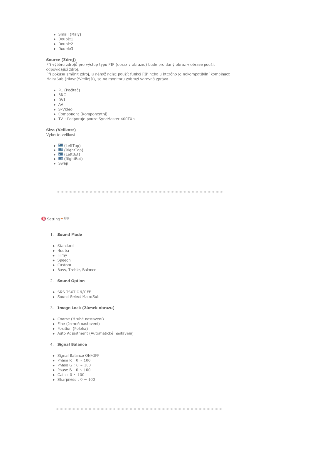 Samsung LS40BHZNS/EDC, LS40BHPNS/EDC manual Source Zdroj, Sound Mode, Sound Option, Image Lock Zámek obrazu, Signal Balance 