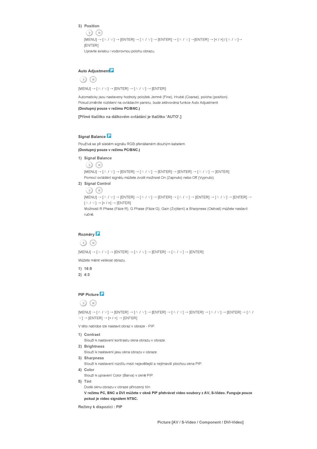 Samsung LS46BHTNS/EDC Position, PĜímé tlaþítko na dálkovém ovládání je tlaþítko Auto, Signal Balance, Signal Control, 169 