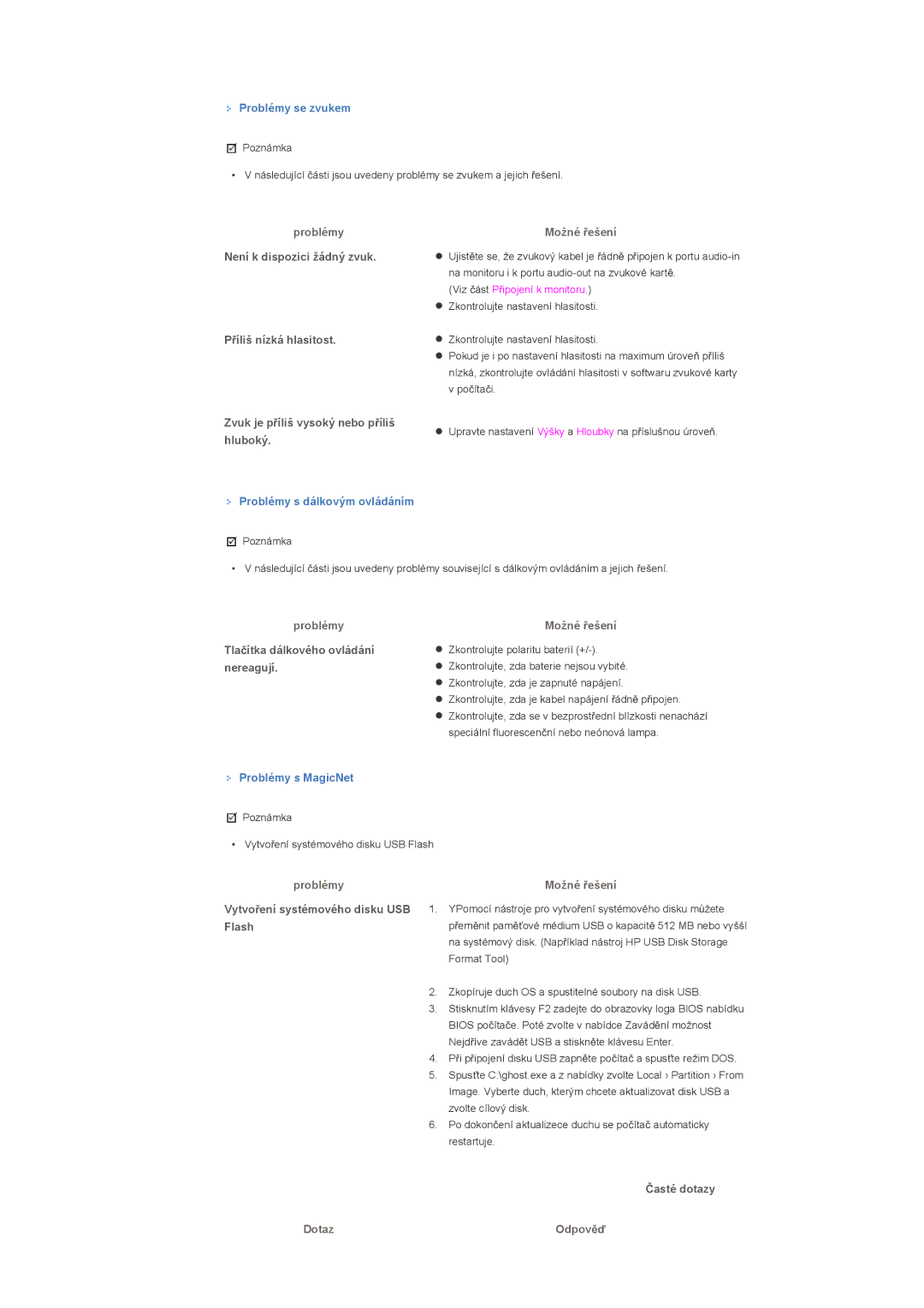 Samsung LS40BHPNS/EDC manual Není k dispozici žádný zvuk, PĜíliš nízká hlasitost, Zvuk je pĜíliš vysoký nebo pĜíliš hluboký 