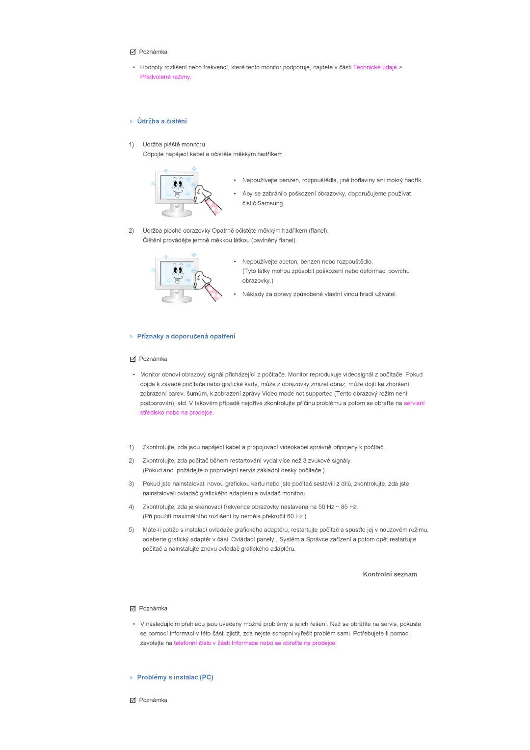 Samsung LS40BHTNS/EDC, LS40BHPNS/EDC, LS46BHZNS/EDC, LS46BHTNS/EDC, LS40BHYNS/EDC, LS40BHRNS/EDC manual Kontrolní seznam 