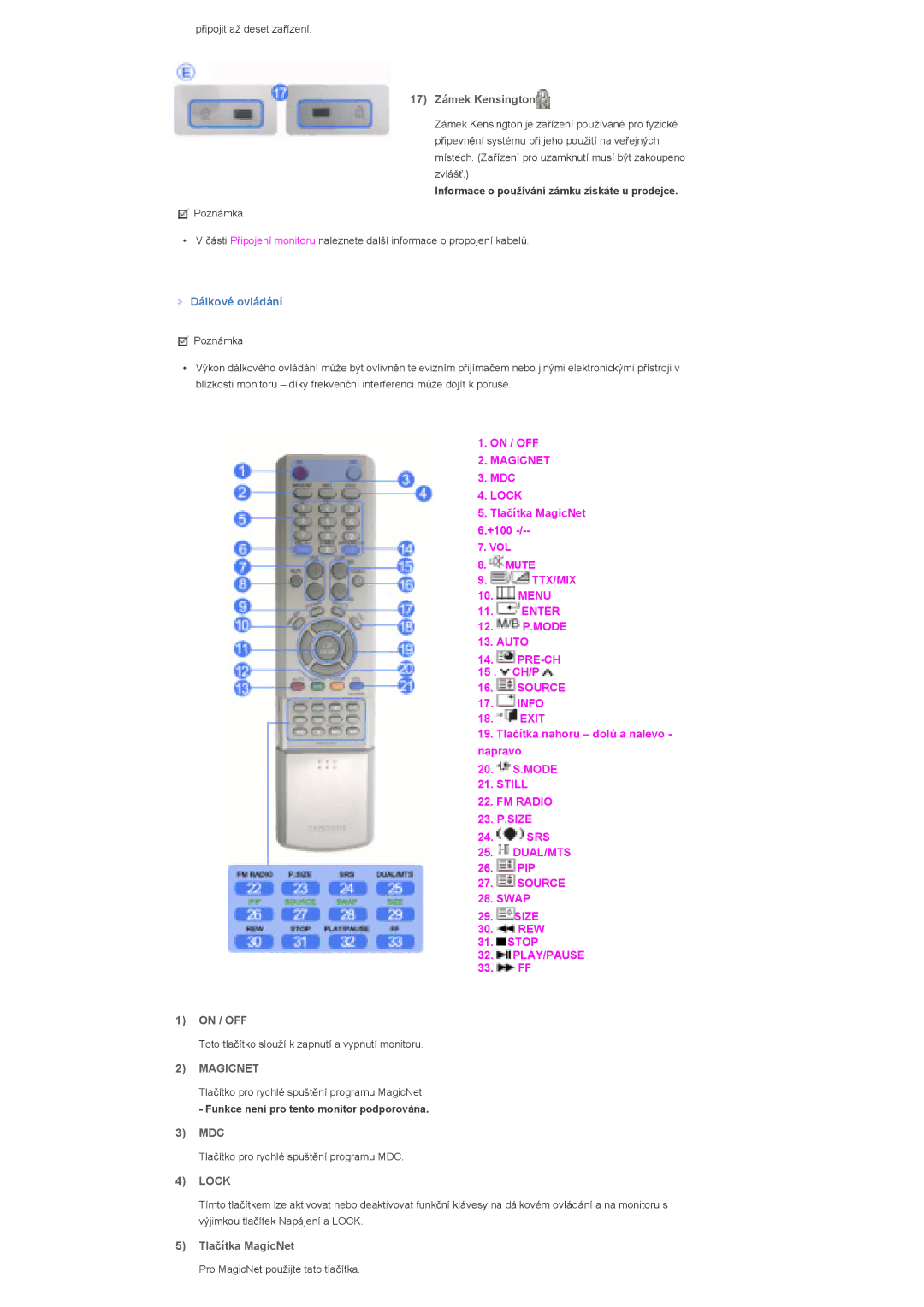 Samsung LS46BHYNS/EDC, LS40BHPNS/EDC, LS46BHZNS/EDC, LS46BHTNS/EDC, LS40BHTNS/EDC manual 17 Zámek Kensington, Dálkové ovládání 