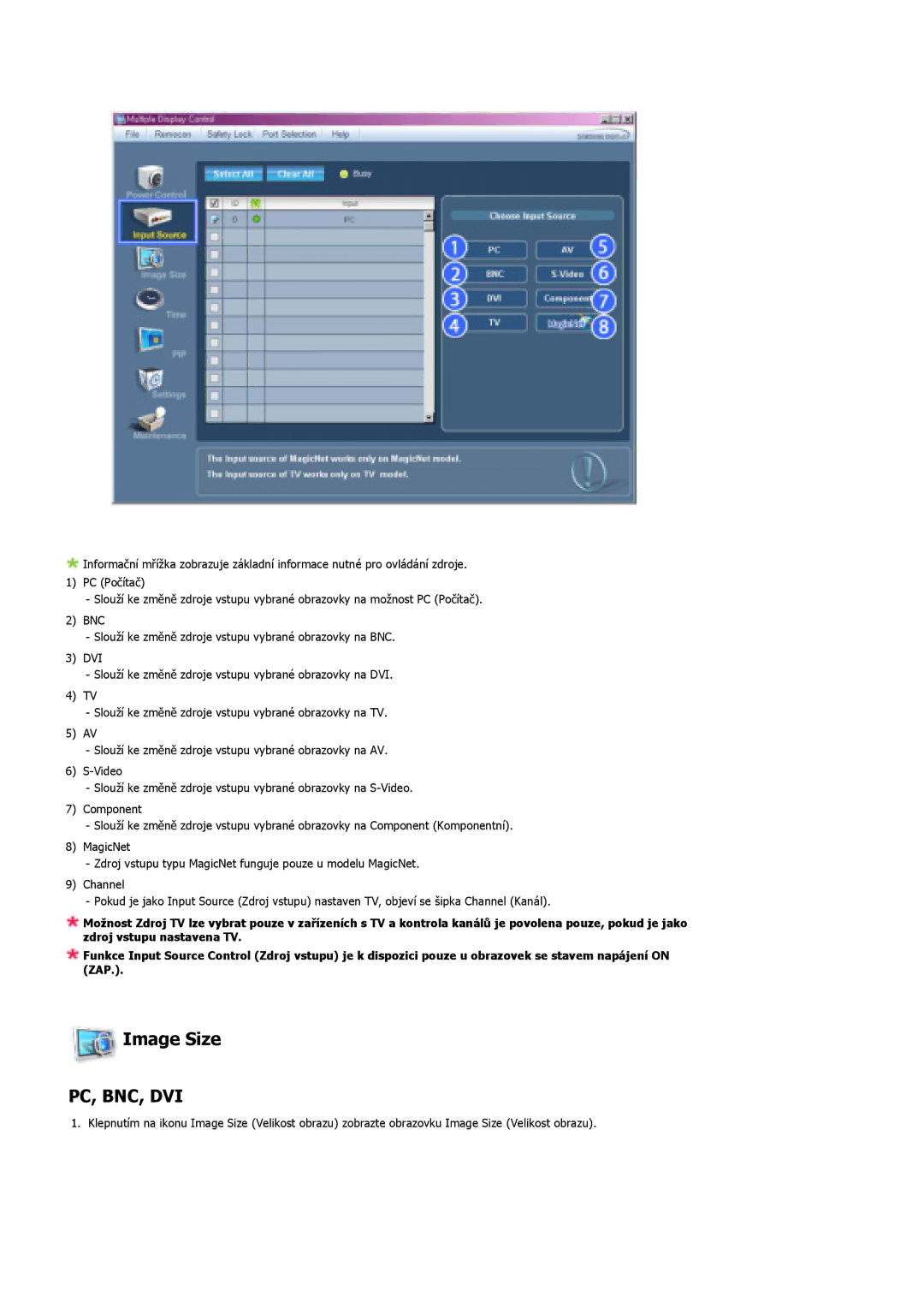 Samsung LS40BHZNS/EDC, LS40BHPNS/EDC, LS46BHZNS/EDC, LS46BHTNS/EDC, LS40BHTNS/EDC, LS40BHYNS/EDC manual Image Size, Pc, Bnc, Dvi 