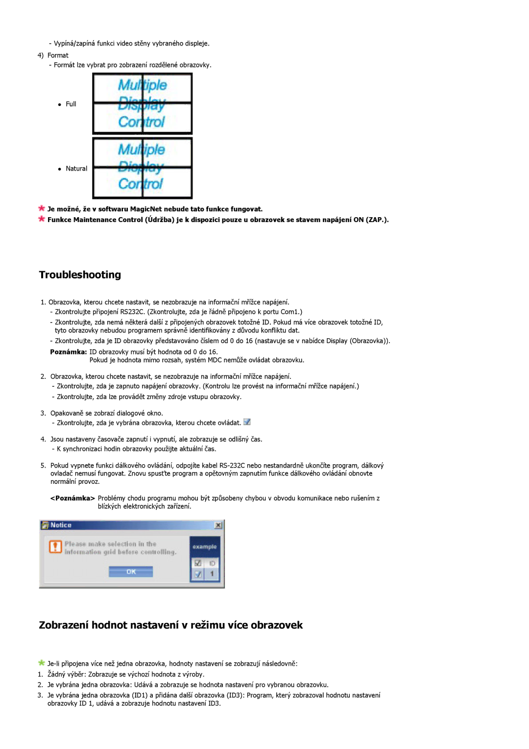 Samsung LS40BHTNS/EDC, LS40BHPNS/EDC, LS46BHZNS/EDC Troubleshooting, Zobrazení hodnot nastavení v režimu více obrazovek 