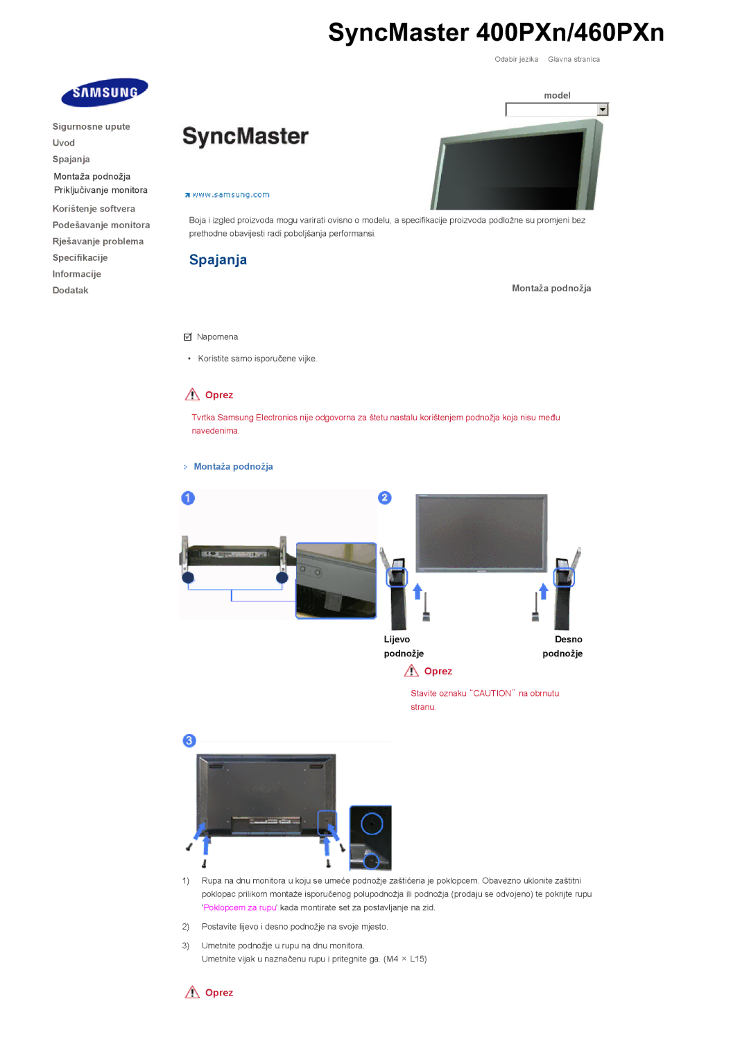 Samsung LS40BHTNS/EDC, LS40BHPNSF/EDC, LS40BHPNS/EDC, LS46BHZNS/EDC, LS46BHTNS/EDC, LS40BHYNS/EDC manual Montaža podnožja 