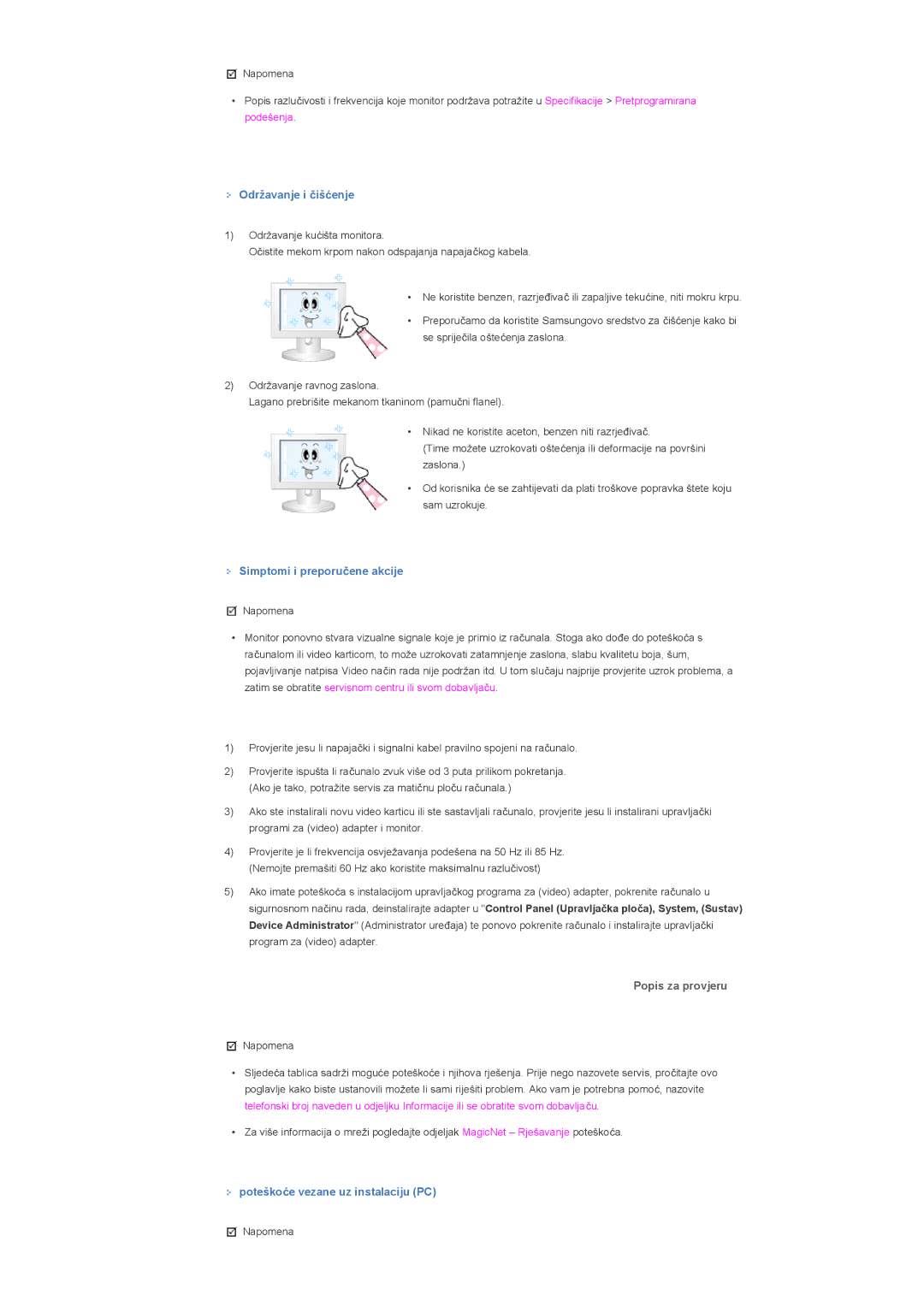 Samsung LS46BHTNS/EDC, LS40BHPNSF/EDC manual Održavanje i þišüenje, Simptomi i preporuþene akcije, Popis za provjeru 