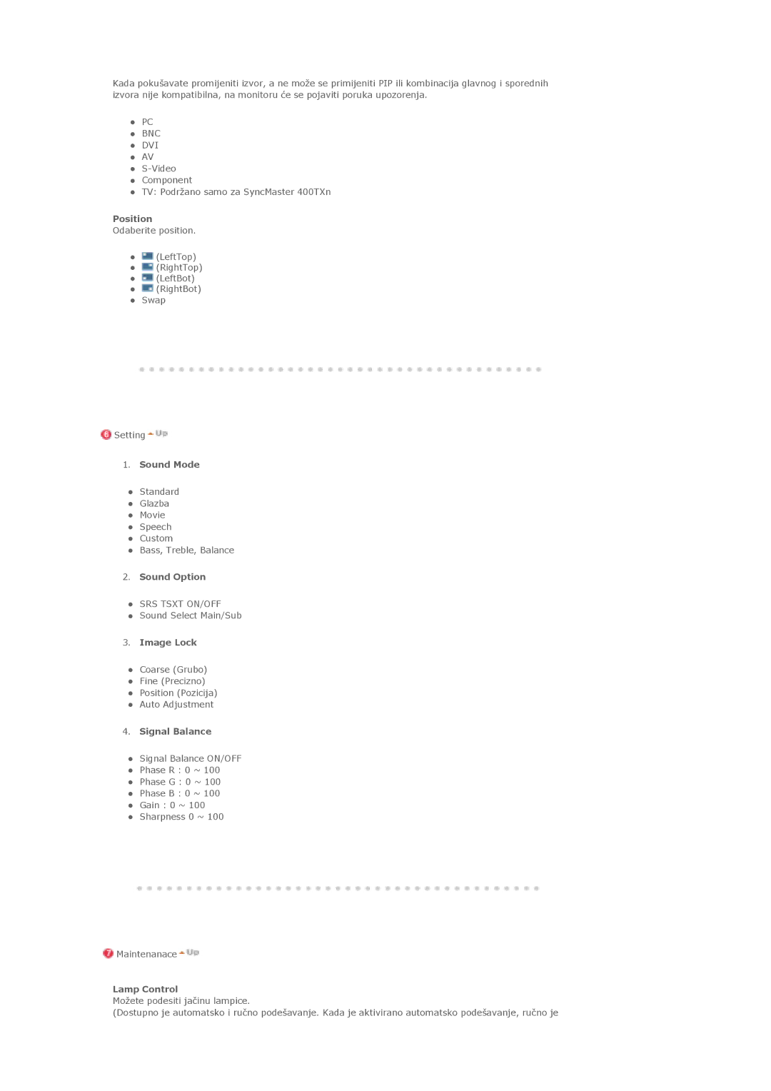 Samsung LS40BHTNS/EDC, LS40BHPNSF/EDC manual Position, Sound Mode, Sound Option, Image Lock, Signal Balance, Lamp Control 