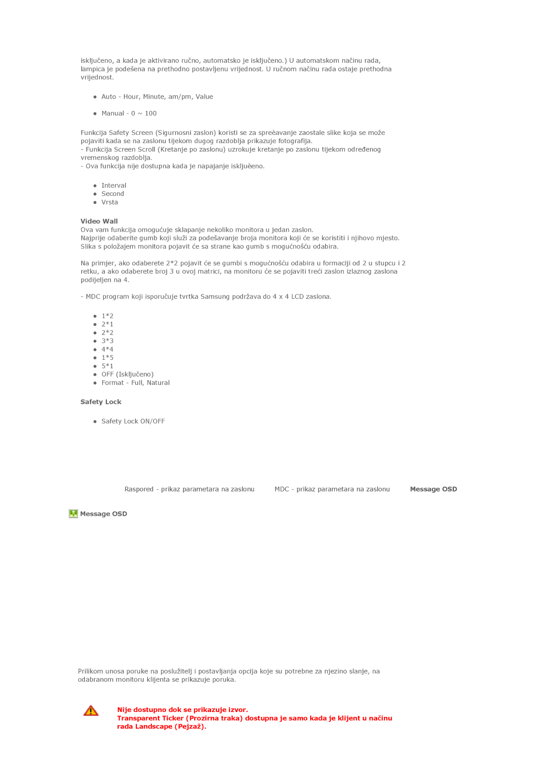 Samsung LS40BHYNS/EDC, LS40BHPNSF/EDC, LS40BHPNS/EDC, LS46BHZNS/EDC, LS46BHTNS/EDC manual Video Wall, Safety Lock, Message OSD 