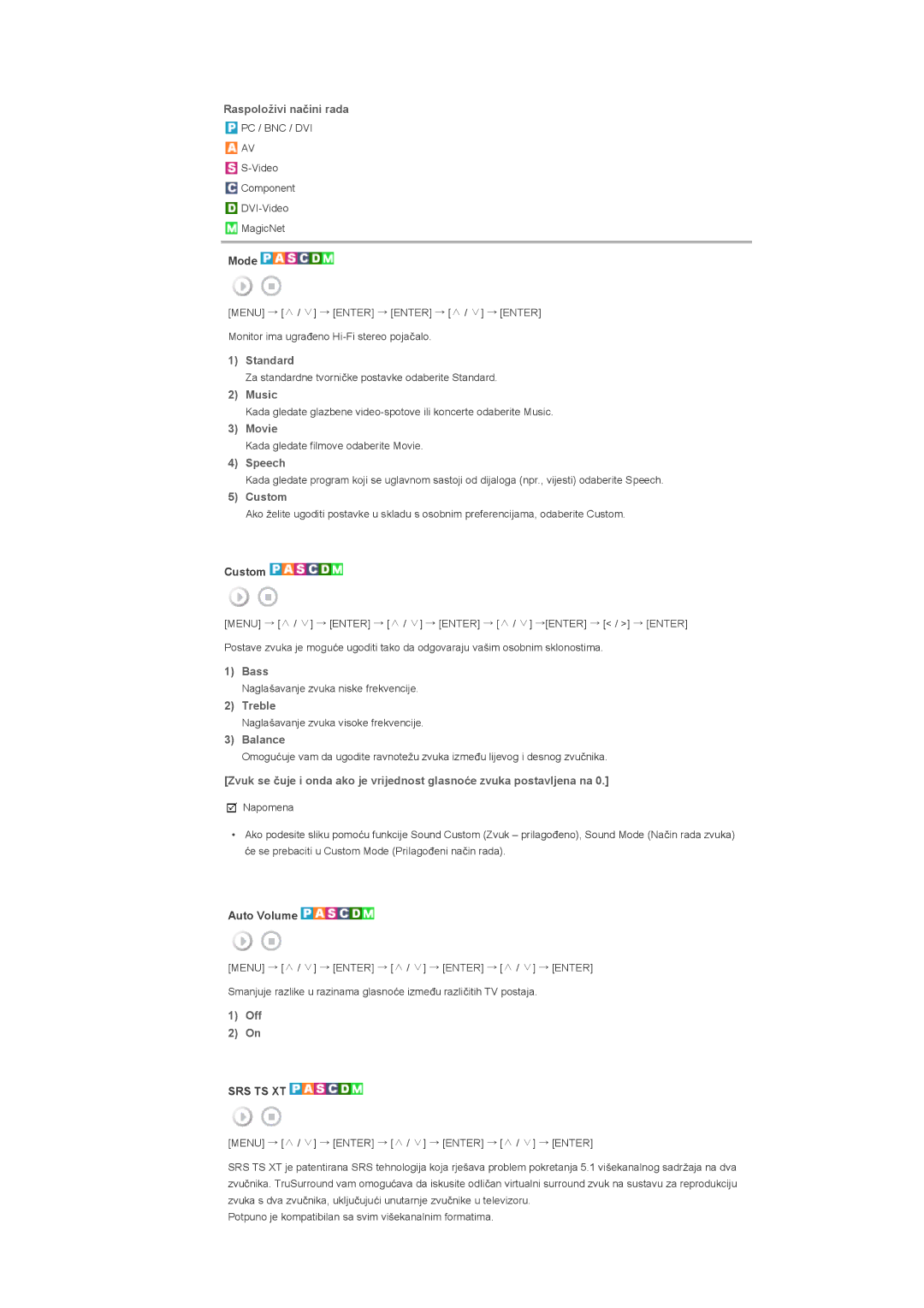 Samsung LS46BHZNS/EDC, LS40BHPNSF/EDC, LS40BHPNS/EDC, LS46BHTNS/EDC, LS40BHTNS/EDC manual Music, Speech, Bass, Treble, Balance 