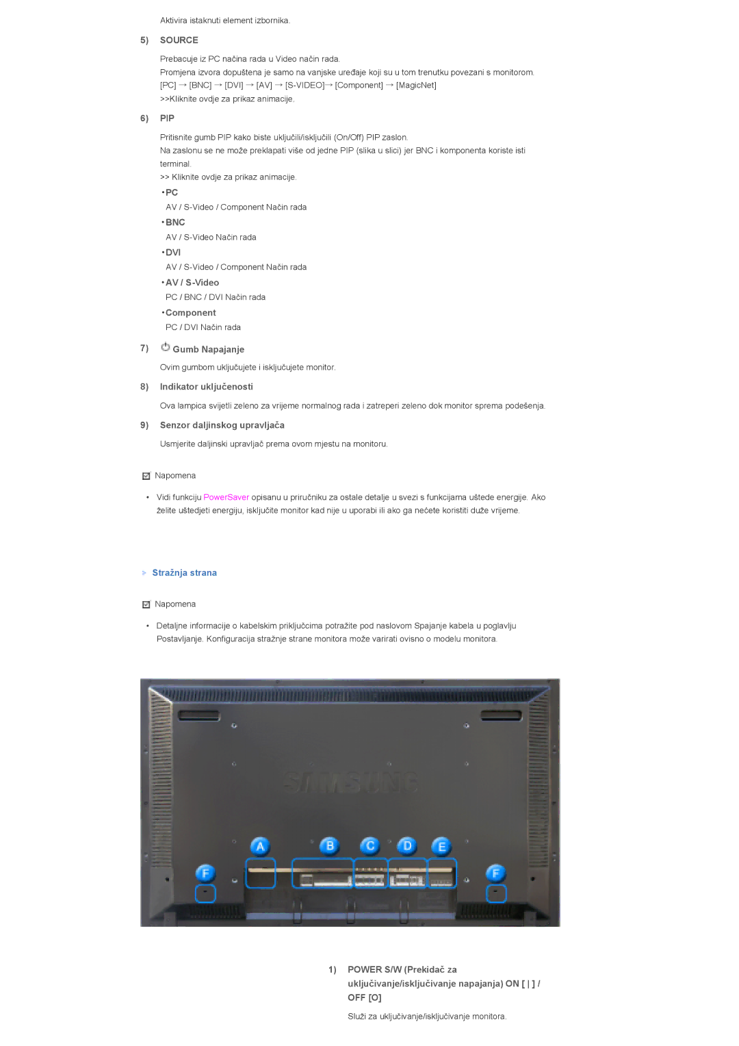 Samsung LS40BHPNS/EDC Pip, AV / S-Video, Component, Gumb Napajanje, Indikator uključenosti, Senzor daljinskog upravljača 