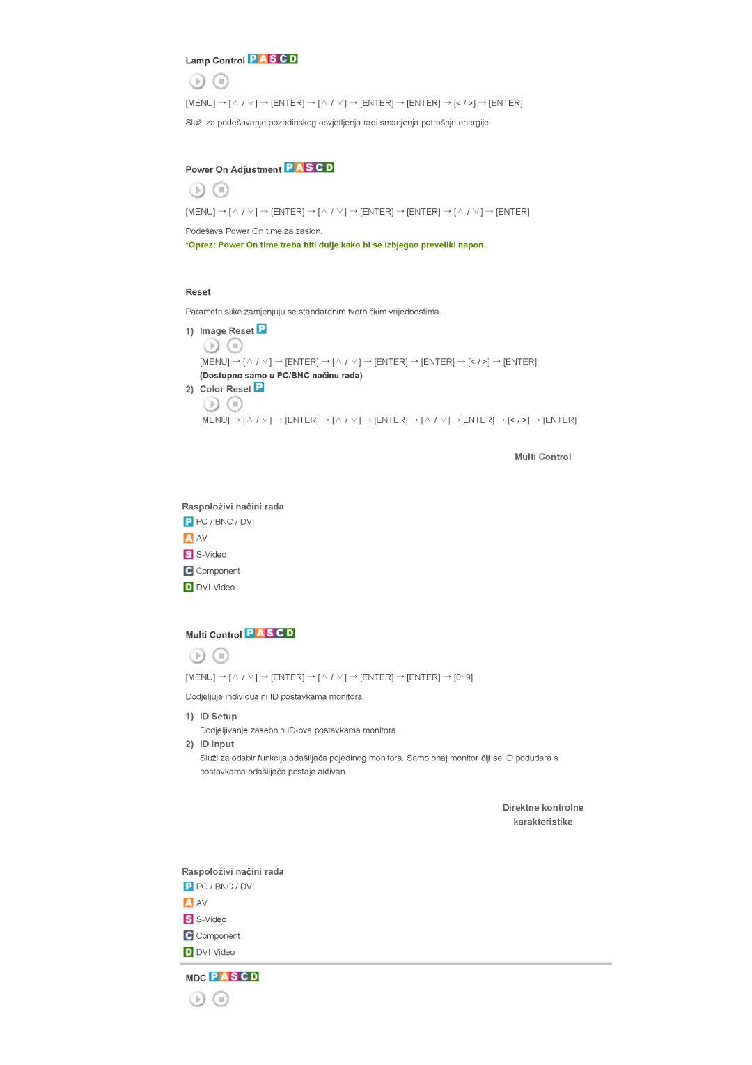 Samsung LS46BHZNS/EDC, LS40BHPNSF/EDC, LS40BHPNS/EDC Image Reset, Direktne kontrolne Karakteristike Raspoloživi naþini rada 