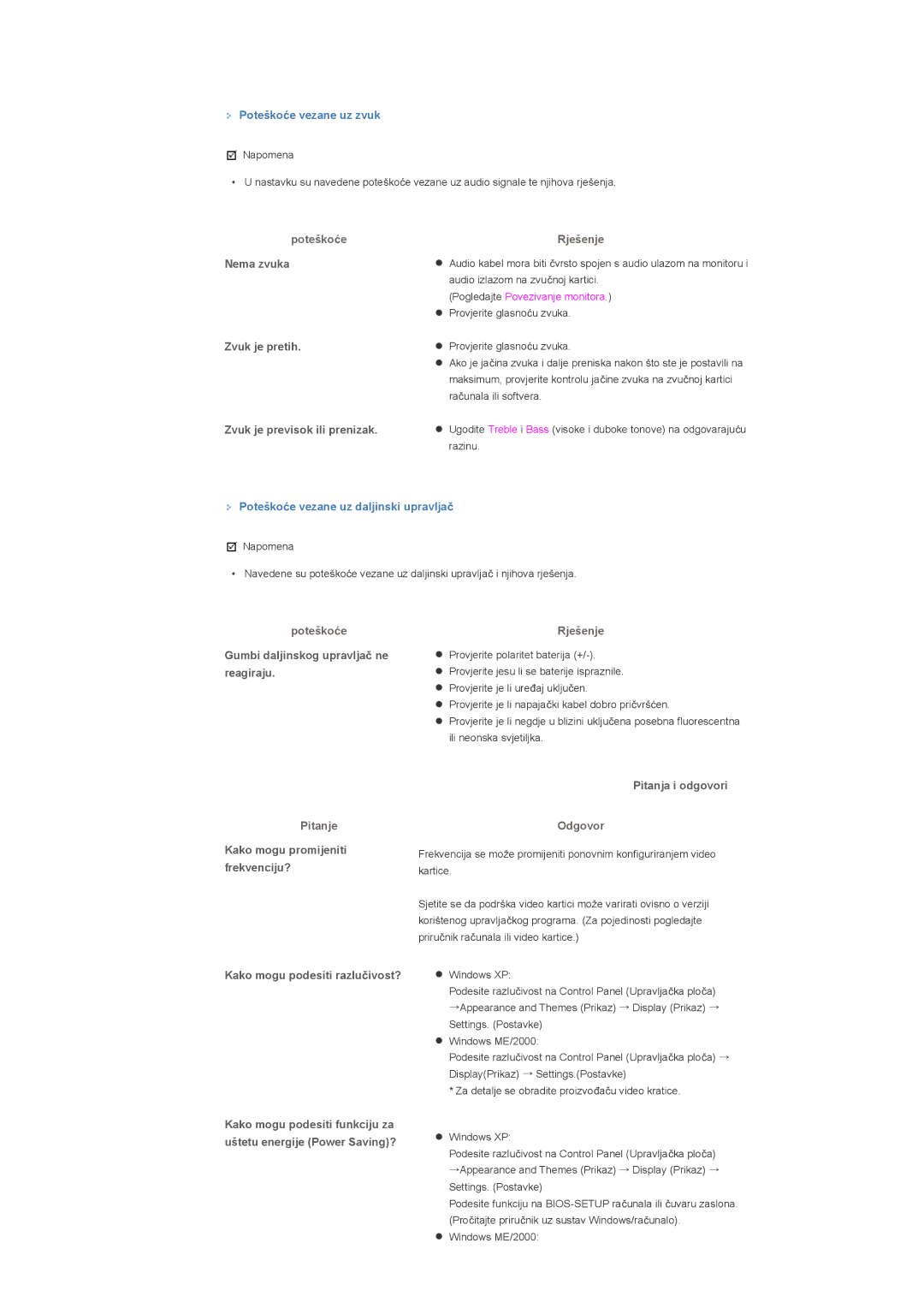 Samsung LS40BHPNSF/EDC, LS40BHPNS/EDC, LS46BHZNS/EDC manual Poteškoüe vezane uz zvuk, Kako mogu podesiti razluþivost? 