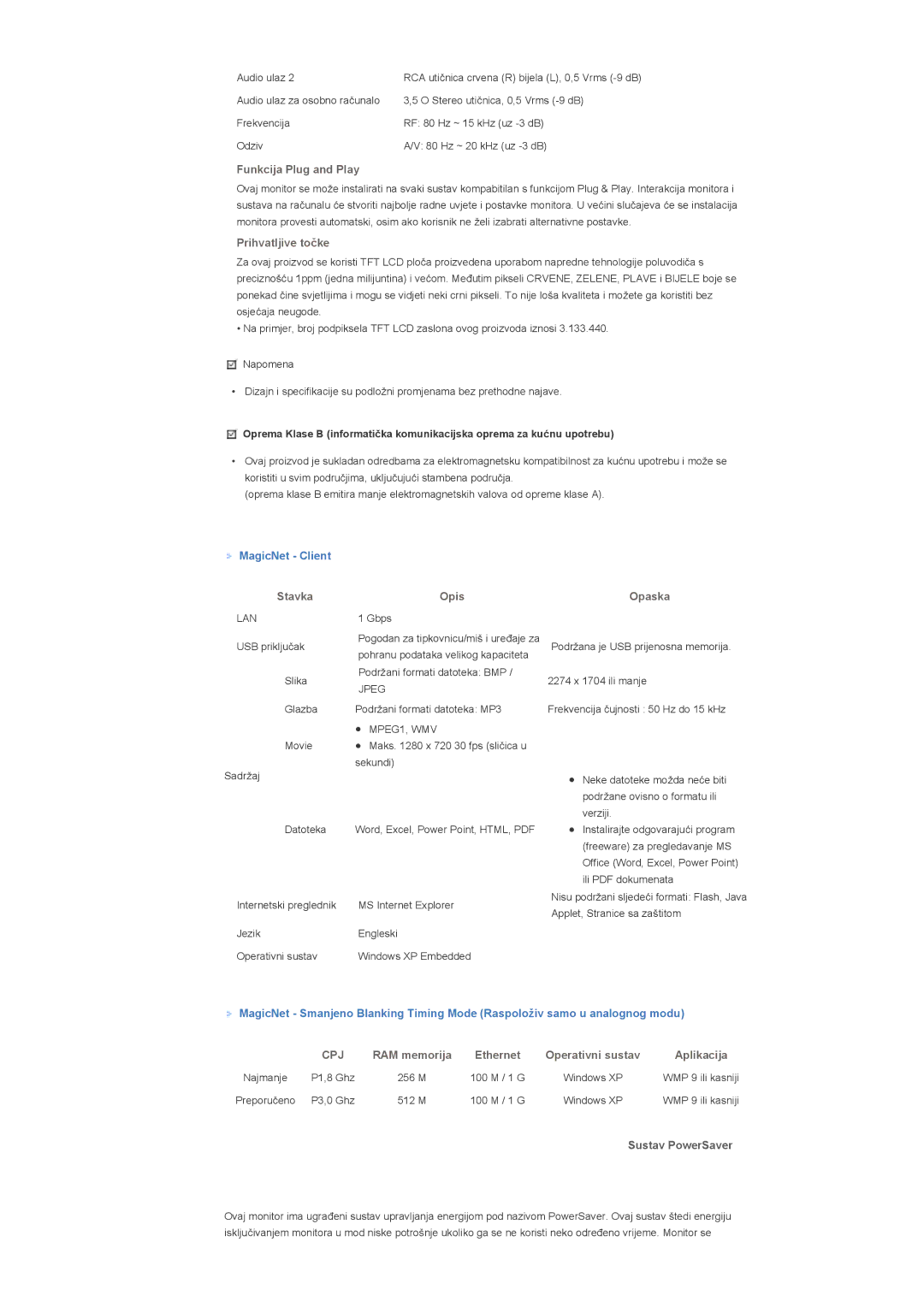 Samsung LS46BHTNS/EDC, LS40BHPNSF/EDC, LS40BHPNS/EDC, LS46BHZNS/EDC, LS40BHTNS/EDC manual MagicNet Client, Sustav PowerSaver 