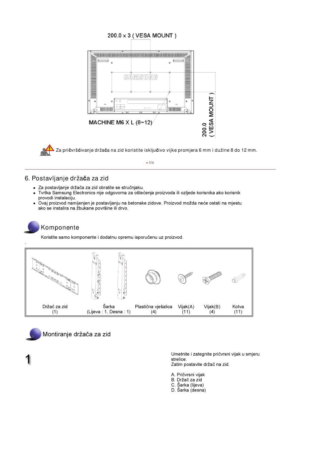 Samsung LS46BHTNS/EDC, LS40BHPNSF/EDC, LS40BHPNS/EDC, LS46BHZNS/EDC, LS40BHTNS/EDC, LS40BHYNS/EDC Postavljanje držaþa za zid 