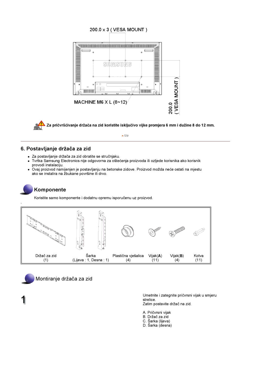 Samsung LS46BHTNS/EDC, LS40BHPNSF/EDC, LS40BHPNS/EDC, LS46BHZNS/EDC, LS40BHTNS/EDC, LS40BHYNS/EDC Postavljanje držaþa za zid 