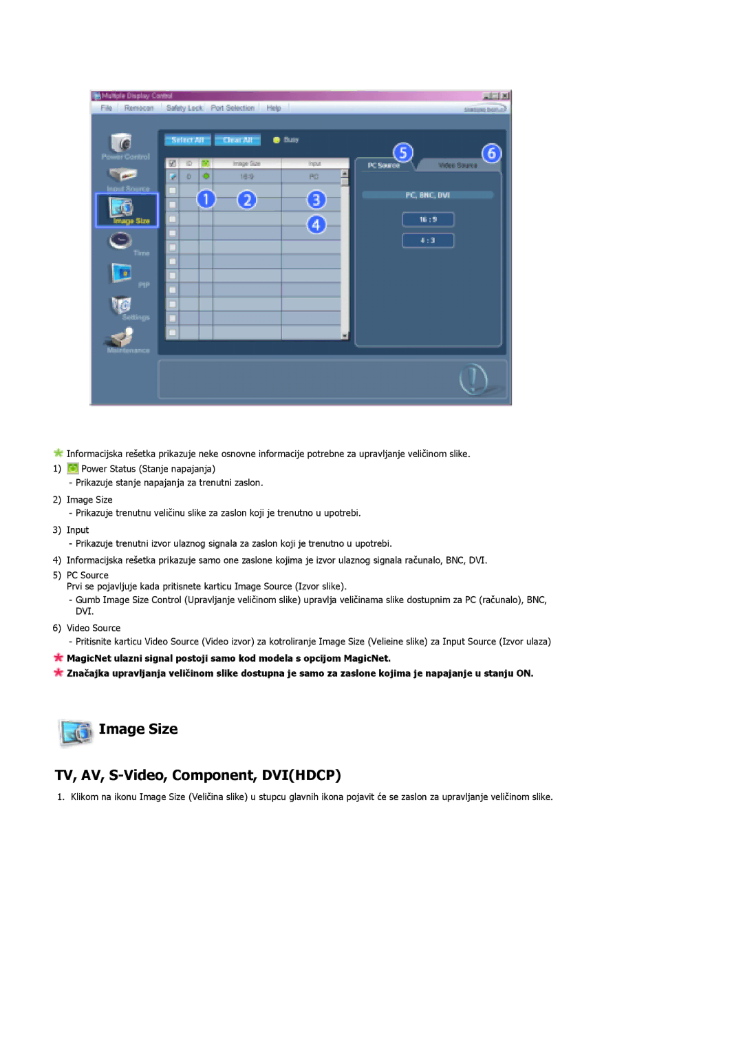 Samsung LS46BHZNS/EDC, LS40BHPNSF/EDC, LS40BHPNS/EDC, LS46BHTNS/EDC manual Image Size TV, AV, S-Video, Component, Dvihdcp 