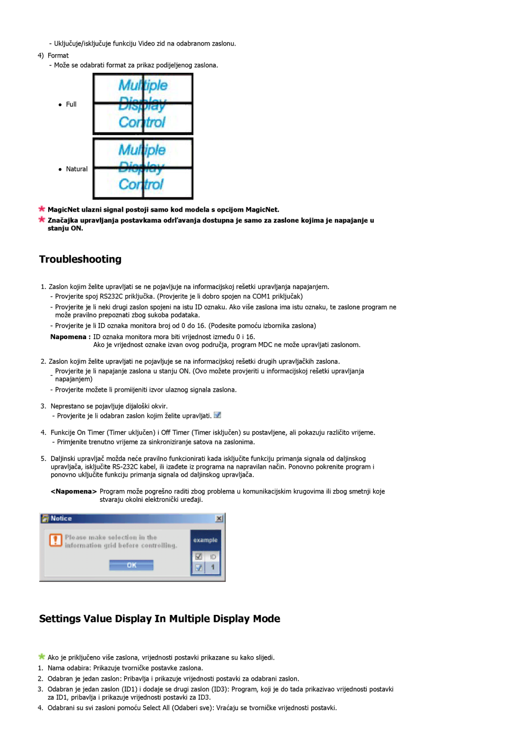 Samsung LS46BHZNS/EDC, LS40BHPNSF/EDC, LS40BHPNS/EDC manual Troubleshooting, Settings Value Display In Multiple Display Mode 