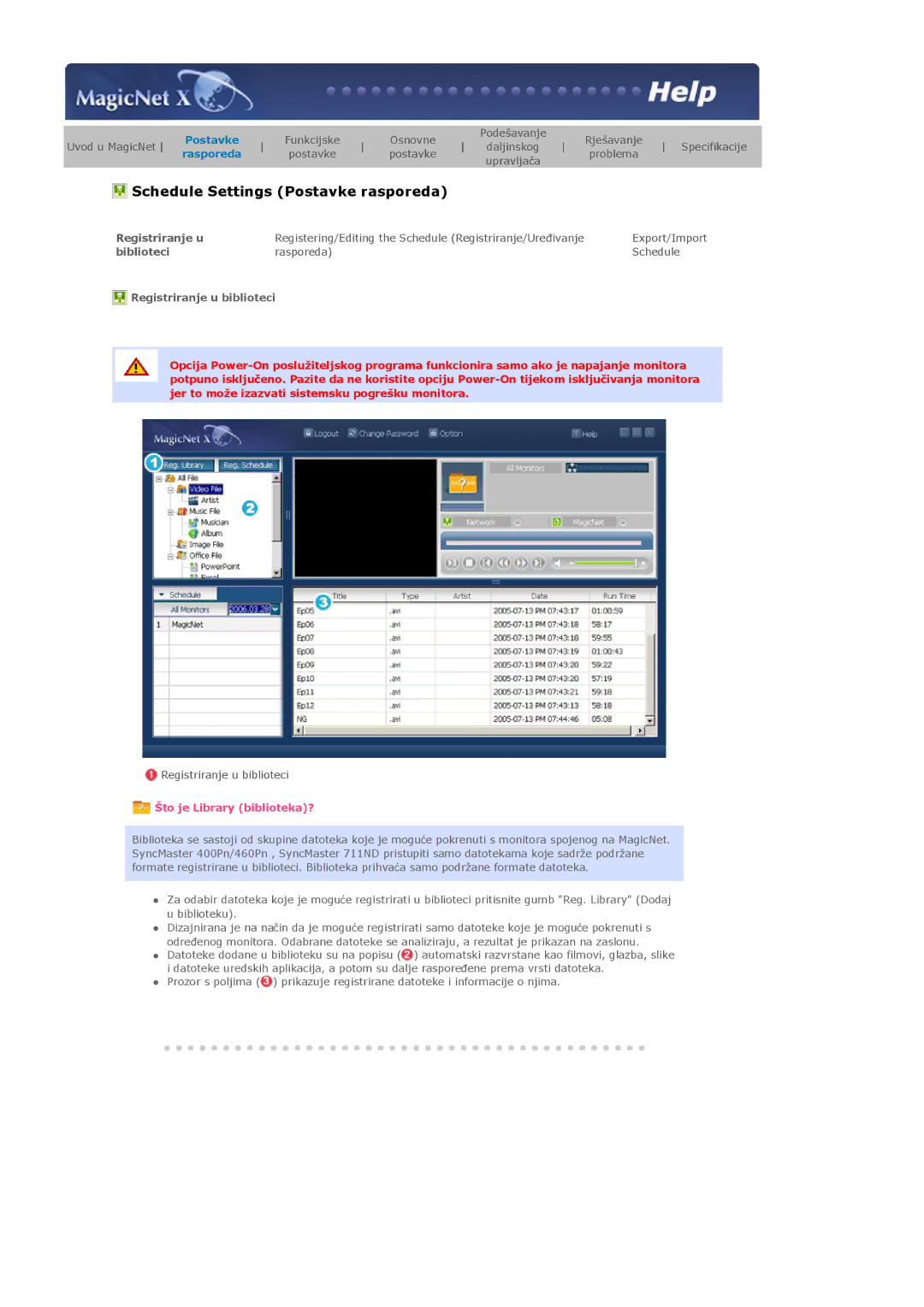 Samsung LS40BHPNSF/EDC, LS40BHPNS/EDC, LS46BHZNS/EDC manual Schedule Settings Postavke rasporeda, Registriranje u biblioteci 