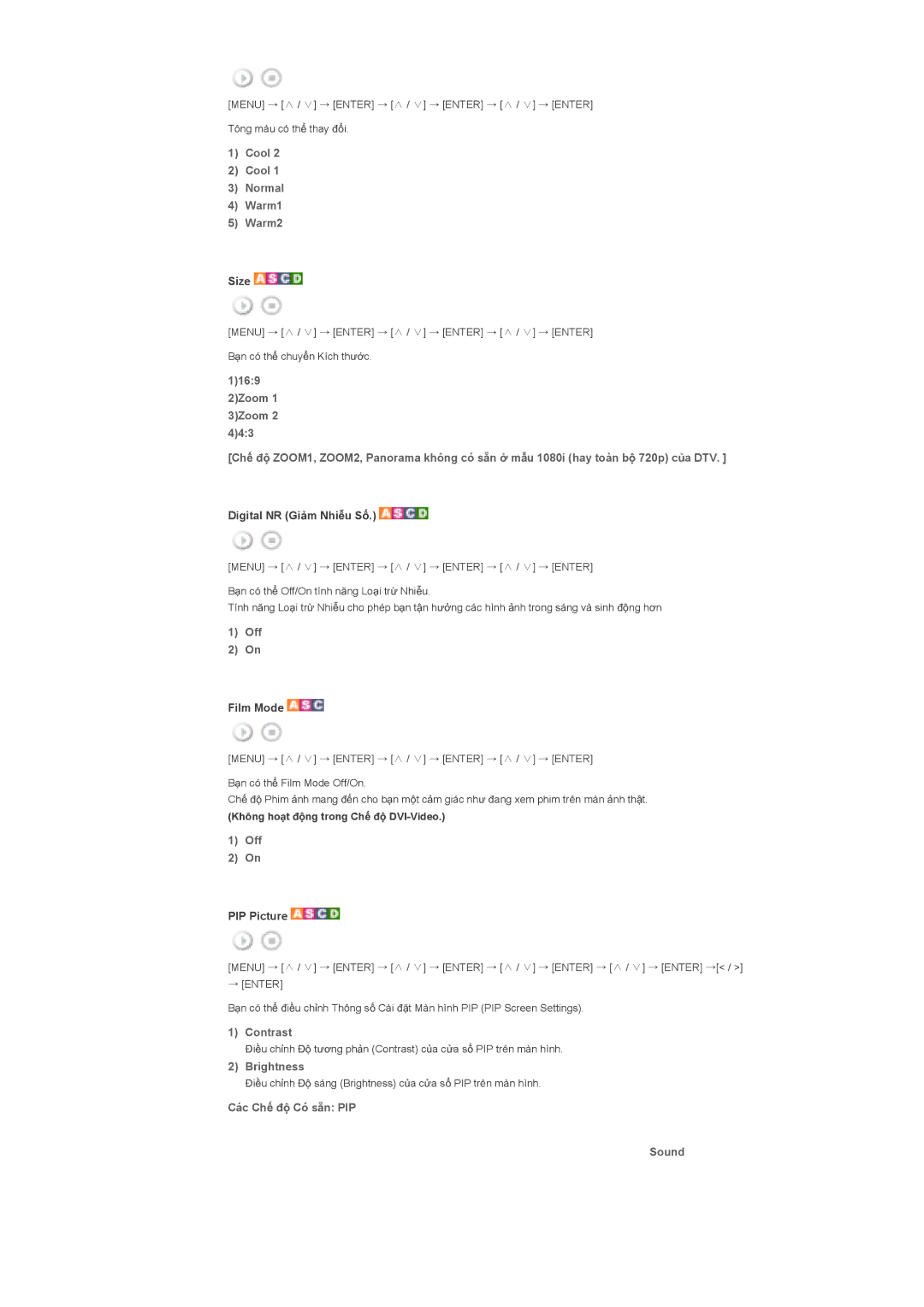 Samsung LS40BHTNB/XSA manual Cool Normal Warm1 Warm2, Off, Các ChӃ ÿӝ Có sҹn PIP Sound 