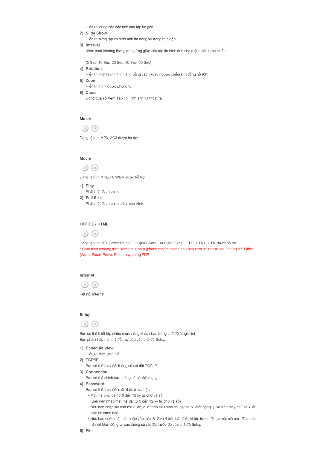 Samsung LS40BHTNB/XSA manual Slide Show, Rotation, Zoom, Close, Play, Full Size, Schedule View, Connection, Password, File 