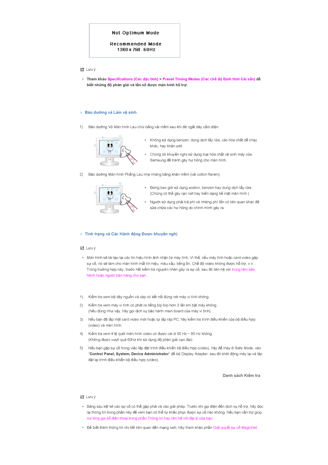 Samsung LS40BHTNB/XSA manual Bҧo dѭӥng và Làm vӋ sinh, Tình trҥng và Các Hành ÿӝng Ĉѭӧc khuyӃn nghӏ, Danh sách KiӇm tra 