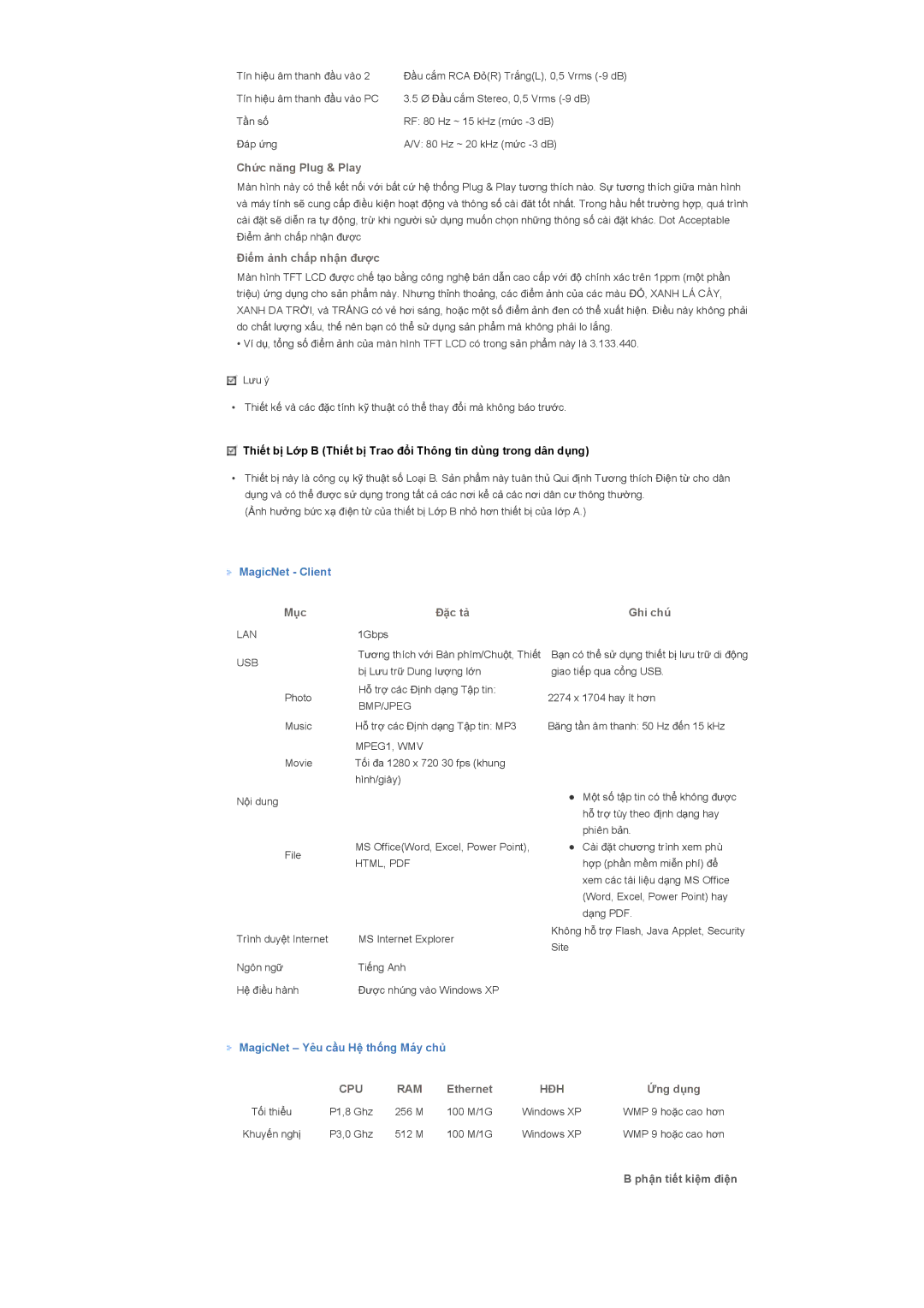 Samsung LS40BHTNB/XSA manual MagicNet Client, MagicNet Yêu cҫu HӋ thӕng Máy chӫ, Phұn tiӃt kiӋm ÿiӋn 