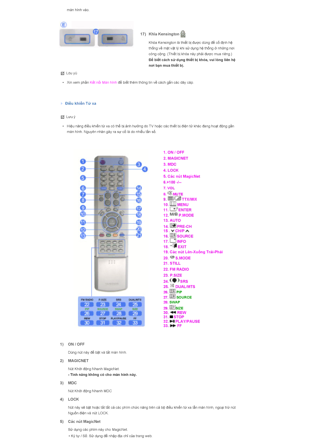 Samsung LS40BHTNB/XSA manual 17 Khƭa Kensington, ĈiӅu khiӇn Tӯ xa 