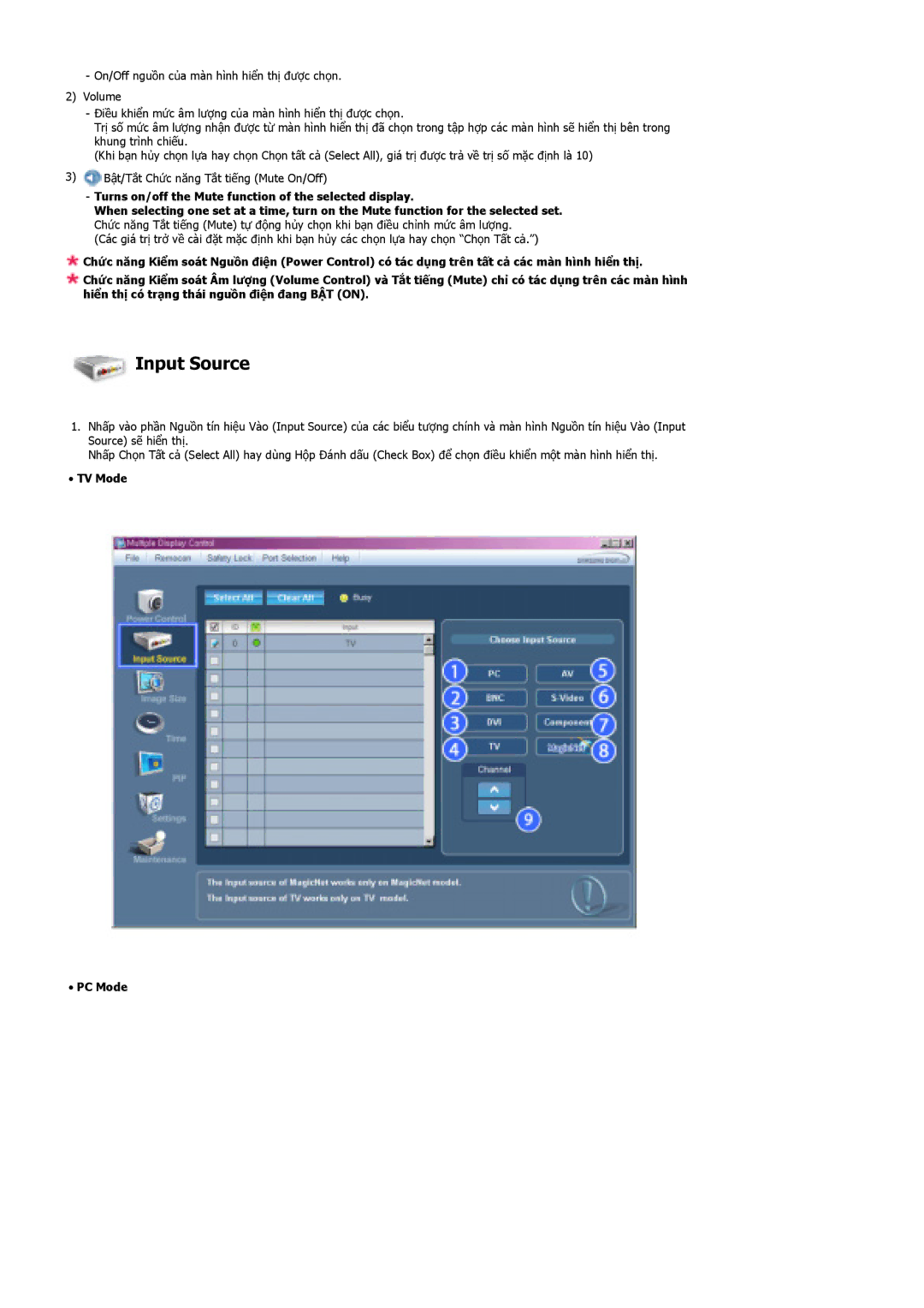 Samsung LS40BHTNB/XSA manual Input Source, TV Mode PC Mode 