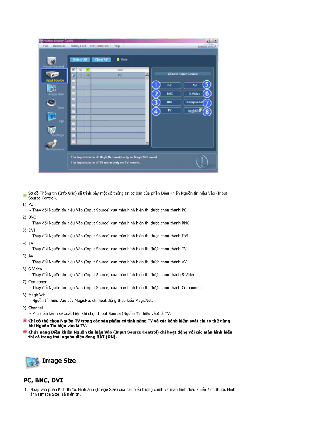 Samsung LS40BHTNB/XSA manual Image Size, Pc, Bnc, Dvi 