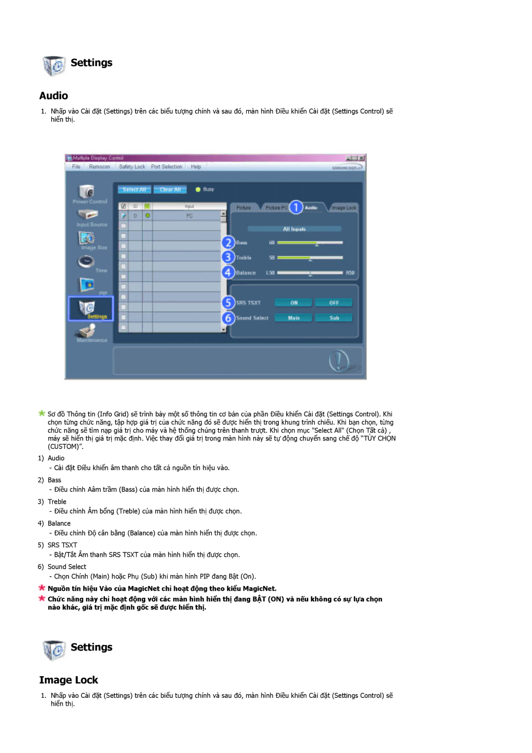 Samsung LS40BHTNB/XSA manual Settings Audio, Settings Image Lock 