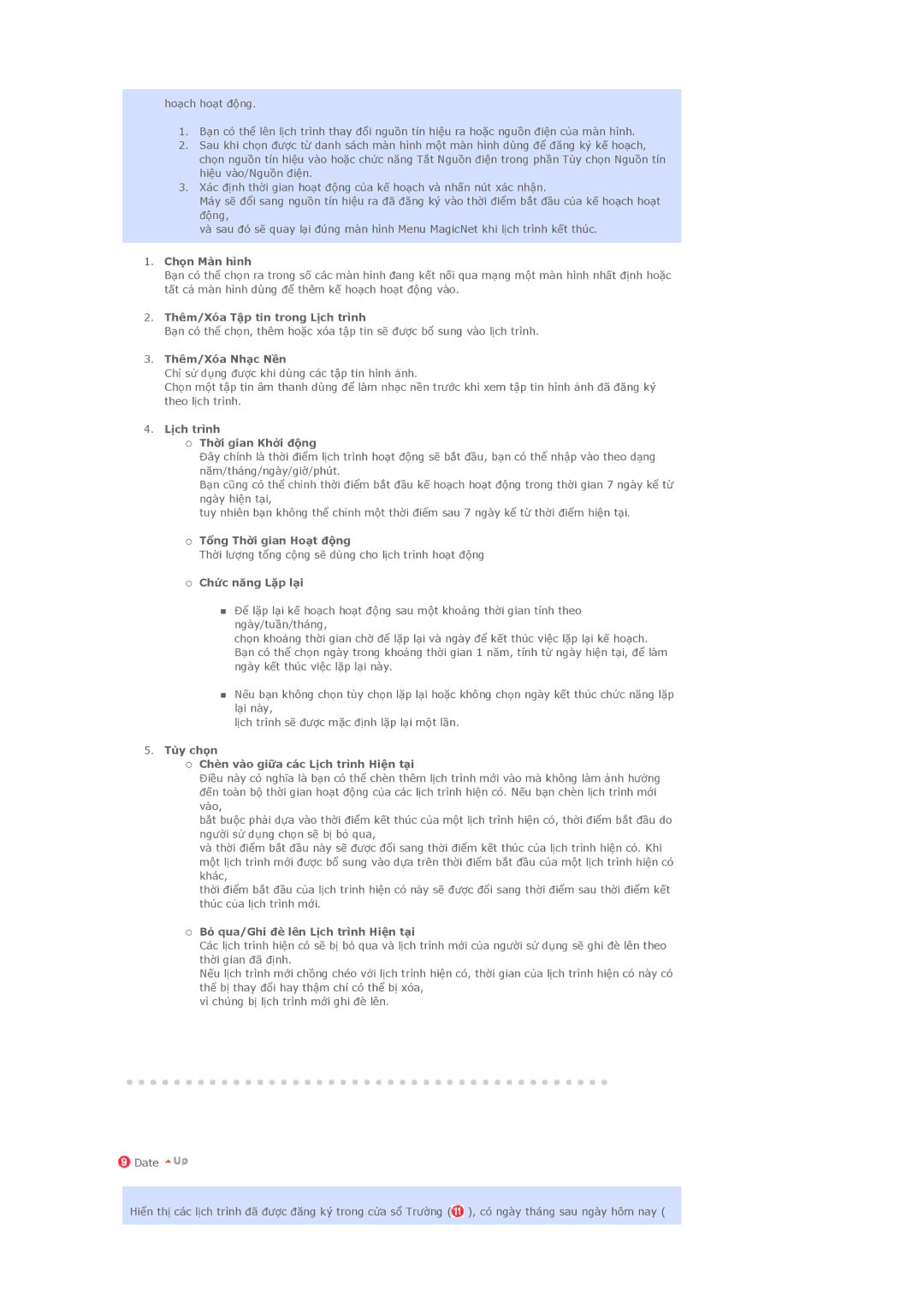 Samsung LS40BHTNB/XSA Ch͍n Màn hình, Thêm/Xóa Tɪp tin trong Lʈch trình, Thêm/Xóa Nhɞc Nɾn, Lʈch trình Th͝i gian Kh͟i ÿ͙ng 