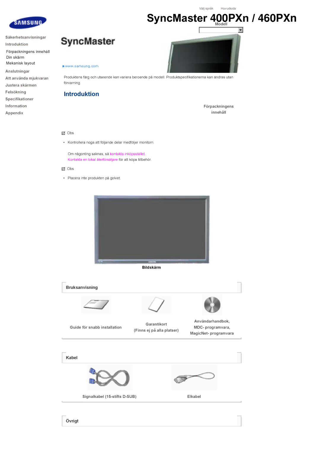 Samsung LS46BHZNS/EDC, LS46BHPNS/EDC, LS40BHPNS/EDC, LS46BHTNS/EDC, LS40BHTNS/EDC manual Modell, Signalkabel 15-stifts D-SUB 