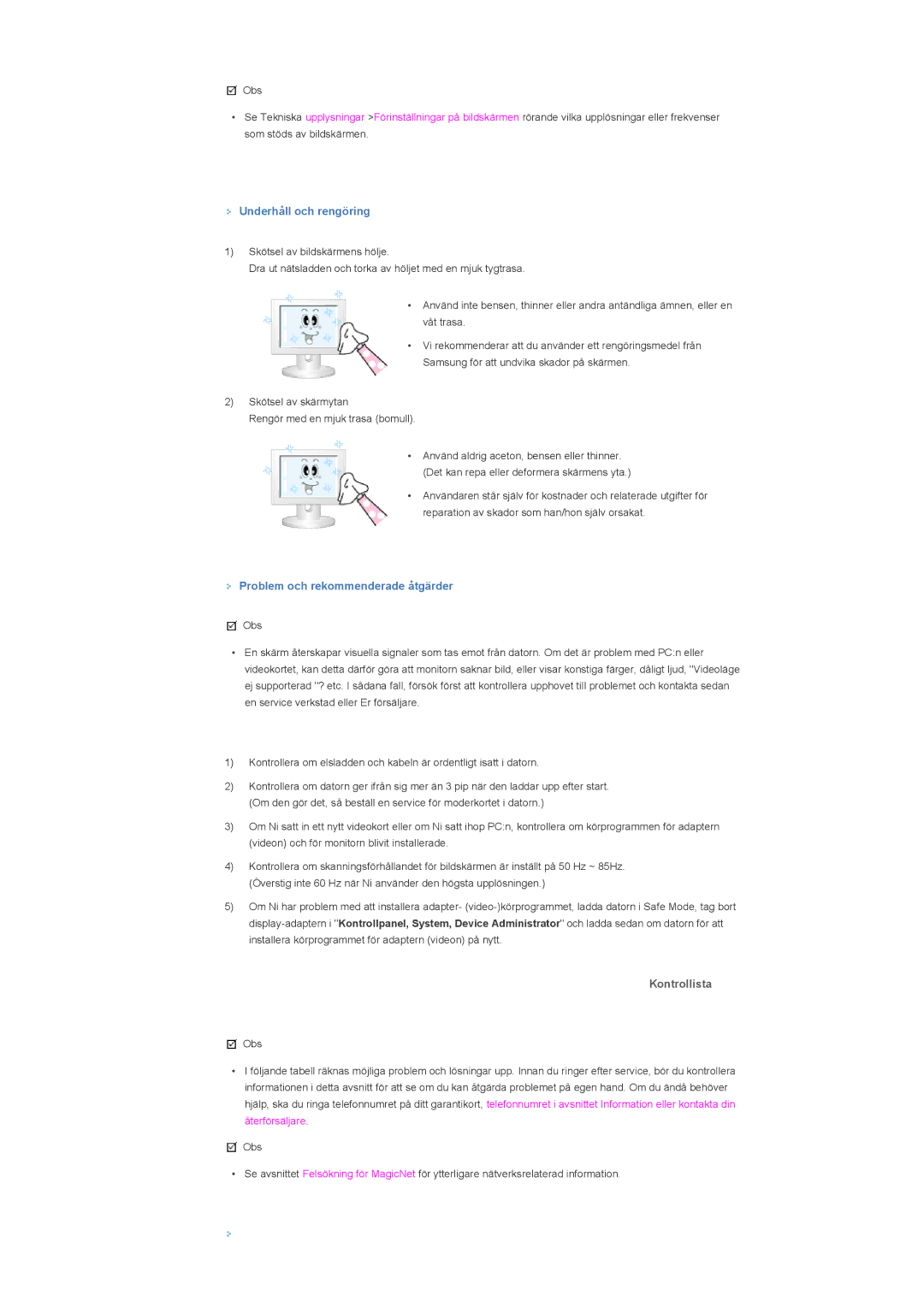 Samsung LS40BHRNS/EDC, LS46BHPNS/EDC manual Underhåll och rengöring, Problem och rekommenderade åtgärder, Kontrollista 