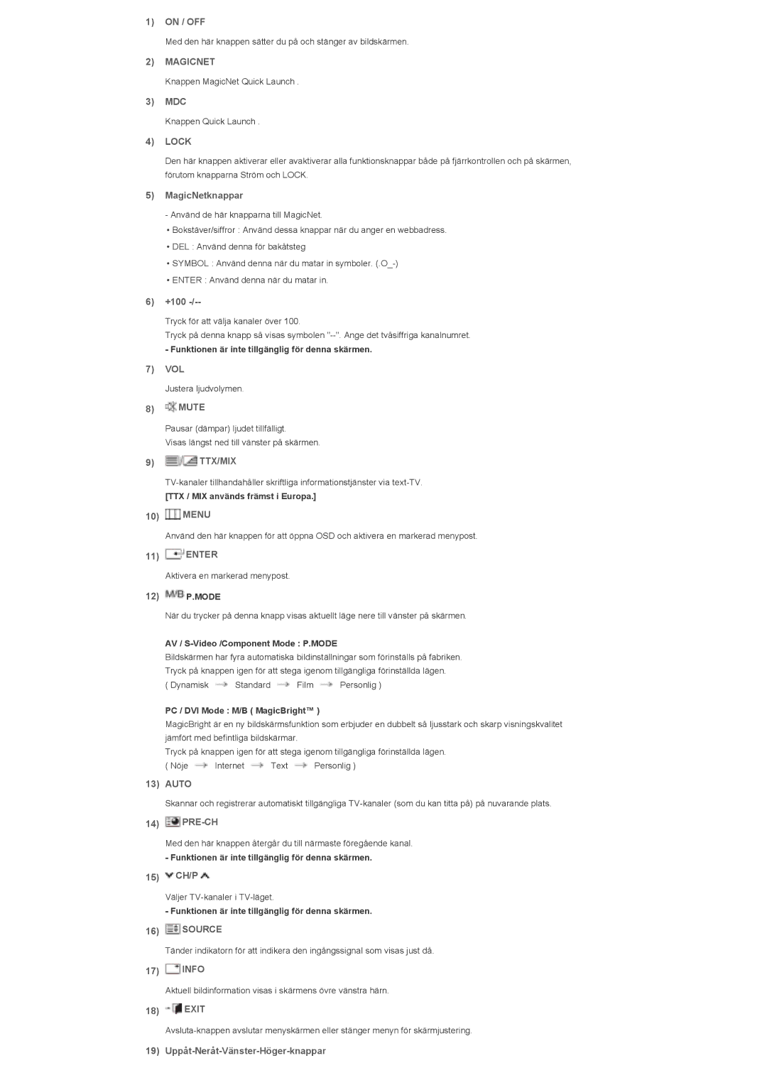 Samsung LS40BHZNS/EDC On / OFF, Mdc, MagicNetknappar, +100, Vol, Mute, Menu, Enter, Auto, Pre-Ch, 15 CH/P, Info, Exit 