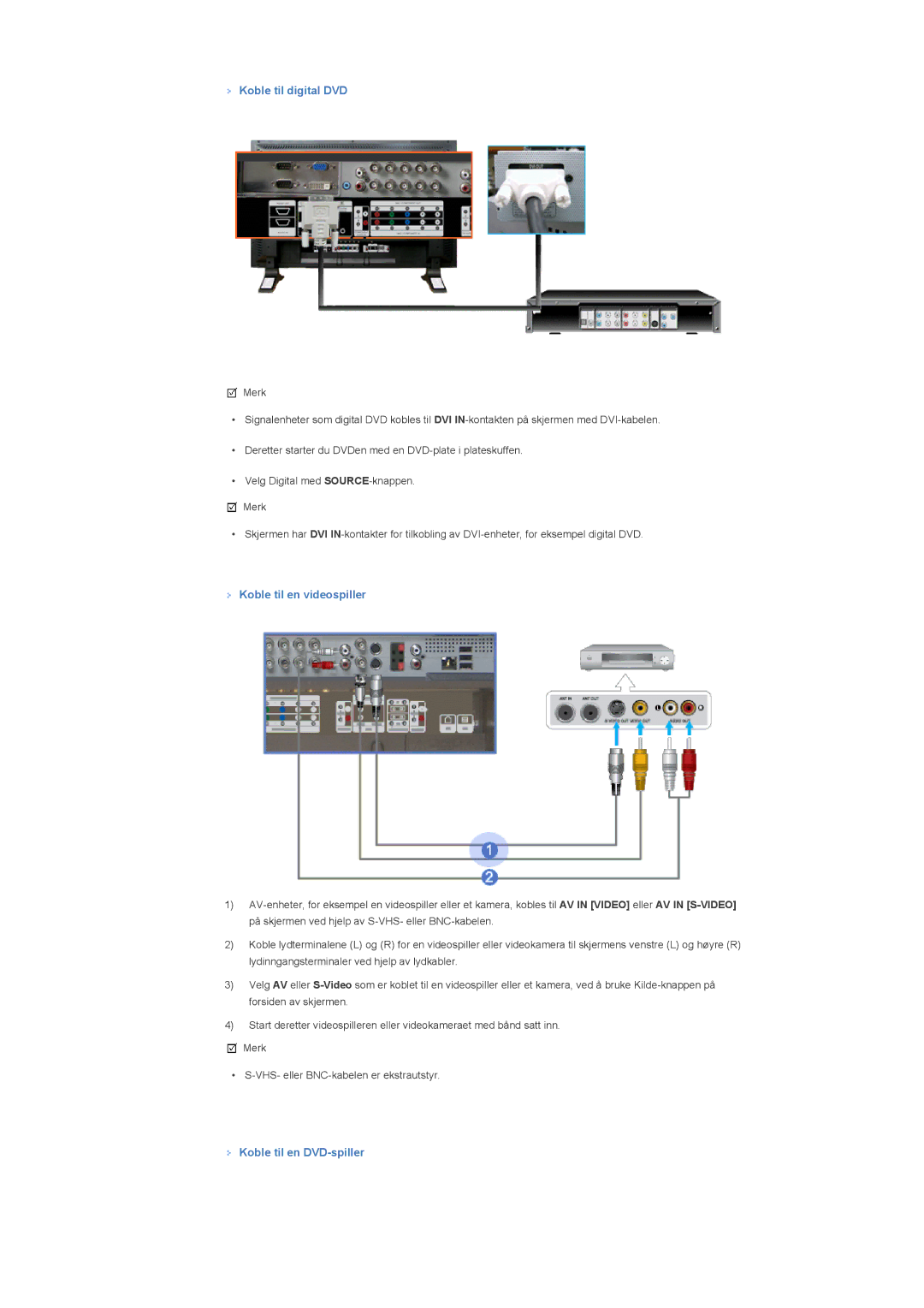 Samsung LS40BHPNS/EDC, LS46BHPNS/EDC manual Koble til digital DVD, Koble til en videospiller, Koble til en DVD-spiller 