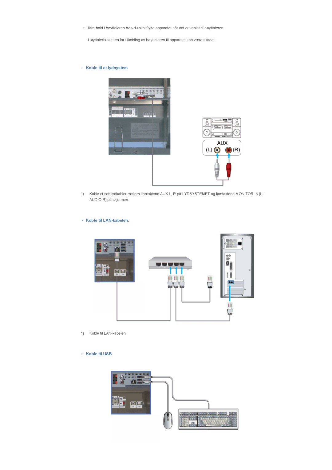 Samsung LS40BHTNS/EDC, LS46BHPNS/EDC, LS40BHPNS/EDC manual Koble til et lydsystem, Koble til LAN-kabelen, Koble til USB 