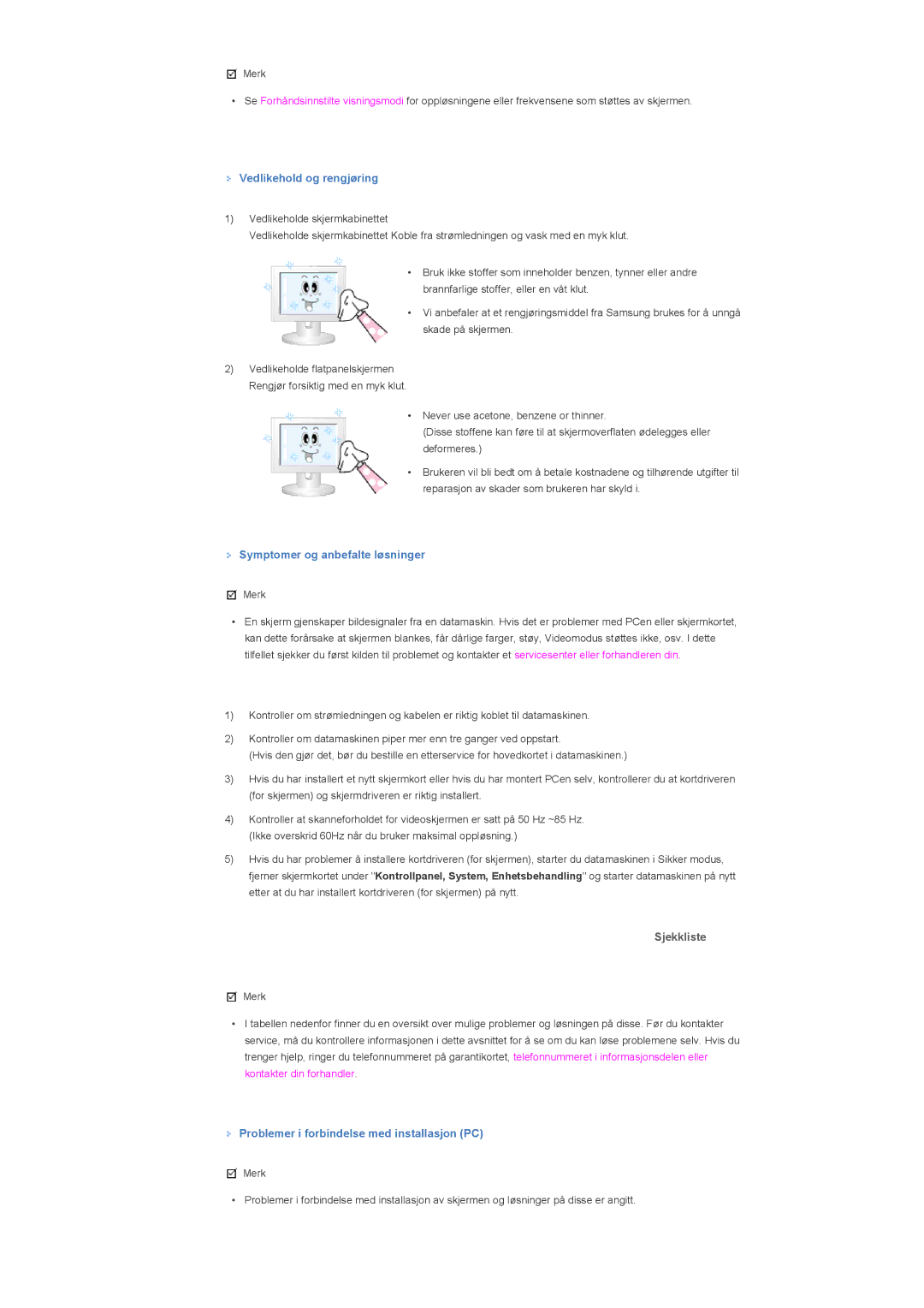 Samsung LS46BHZNS/EDC, LS46BHPNS/EDC, LS40BHPNS/EDC, LS46BHTNS/EDC, LS40BHTNS/EDC, LS40BHYNS/EDC, LS40BHRNS/EDC manual Sjekkliste 